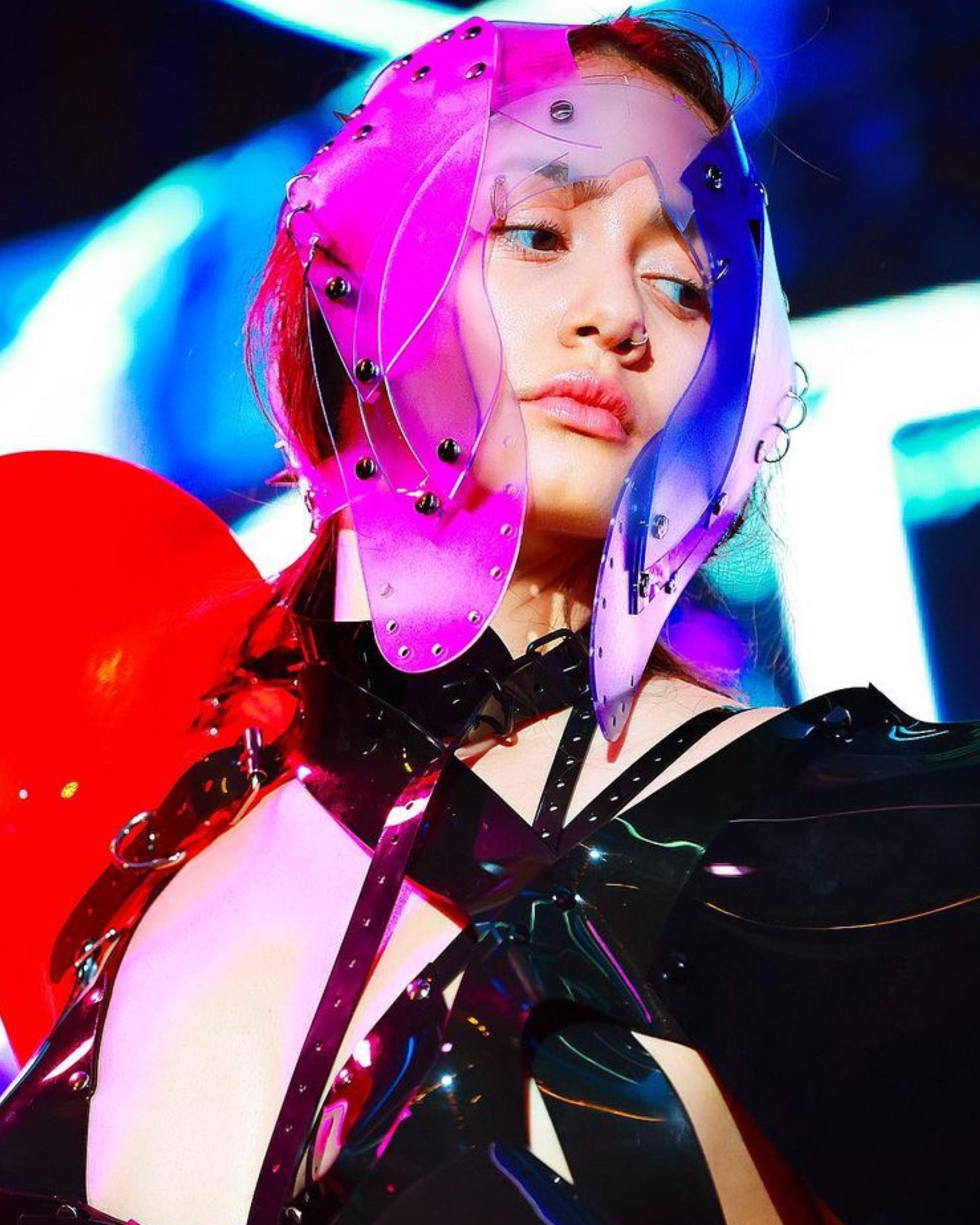 Atélier JIVOMIR vegan vinyl hand crafted helmet studded made to order pure fashion kink future cosplay  craft worldwide shipping must have fashion accessory