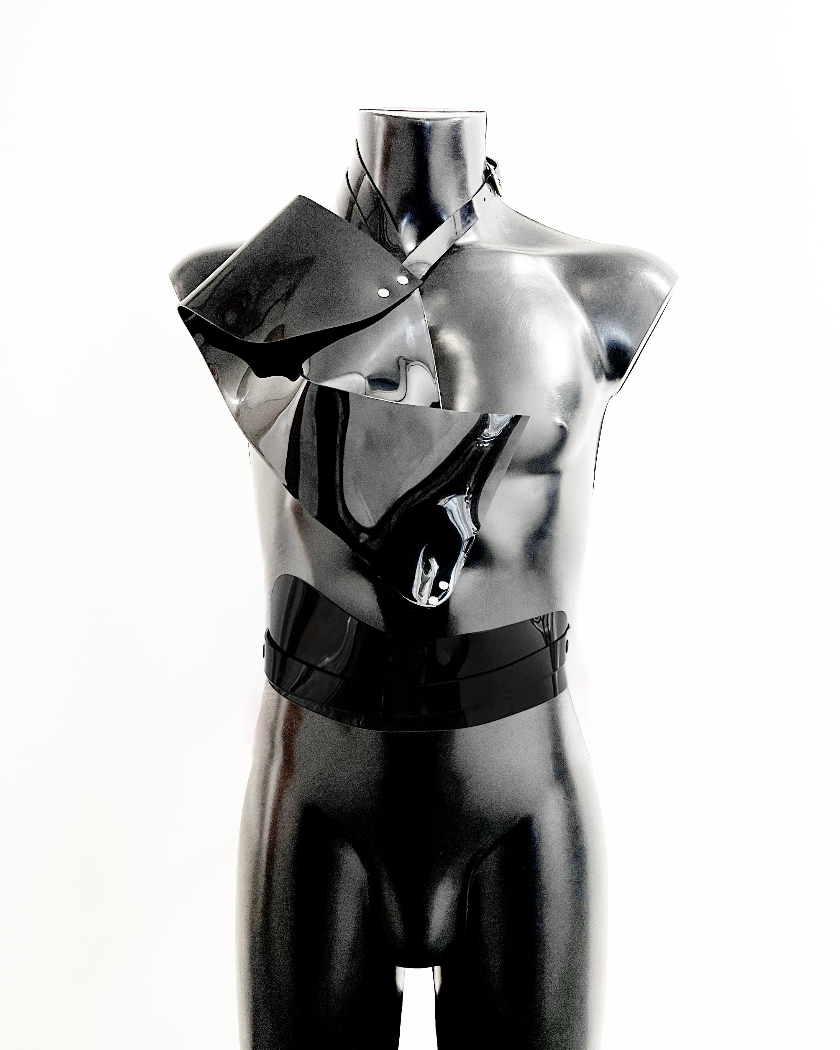 Jivomir Domoustchiev vinyl sculpture half harness belt blackJivomir Domoustchiev vegan vinyl transparent hand body harness kink fetish cosplay future robot