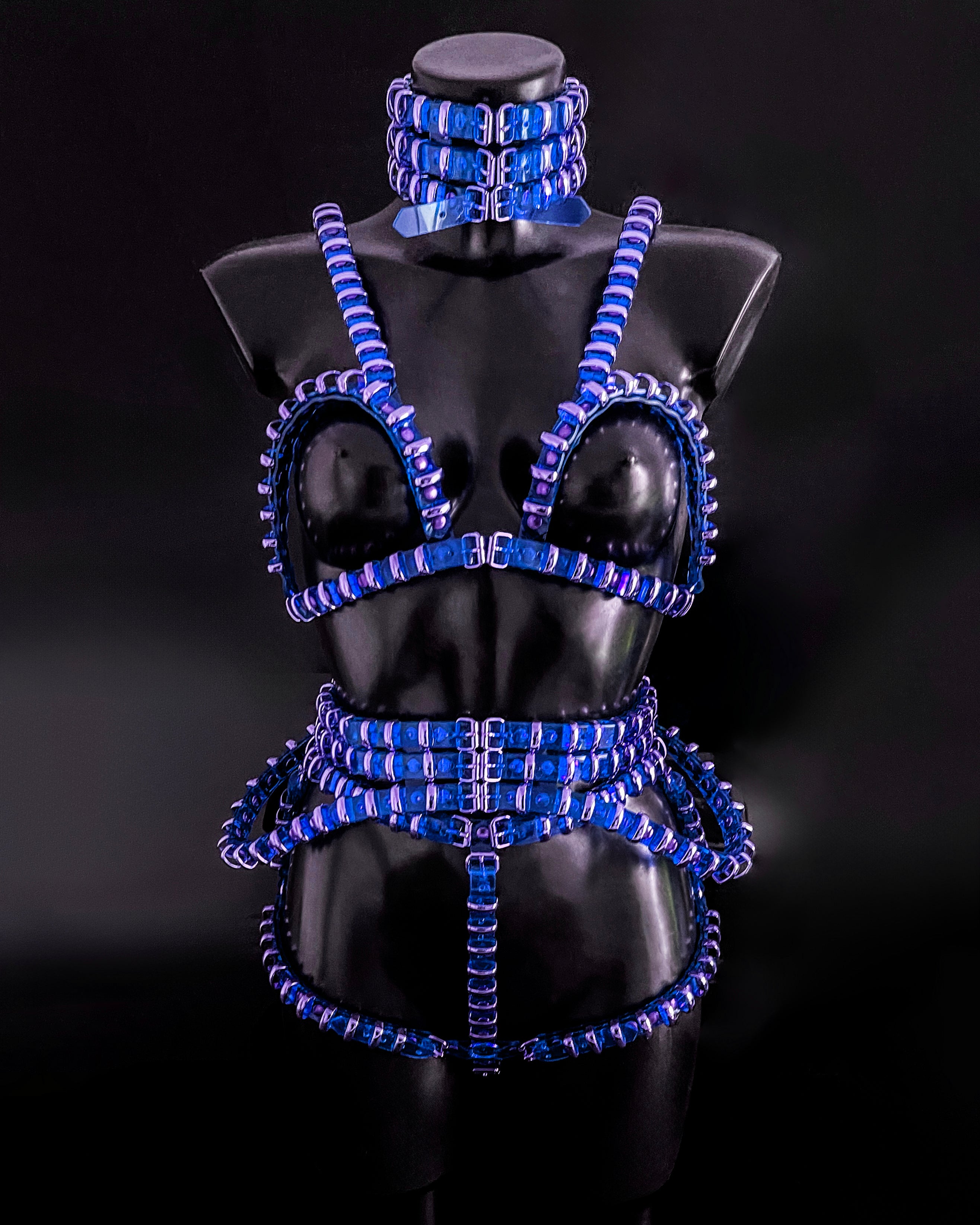 Jivomir Domoustchiev vegan vinyl pvc fashion wearable sculpture hand crafted to order only in East London Atelier independent luxury brand bras and panties knickers braves set collar choker kink belt