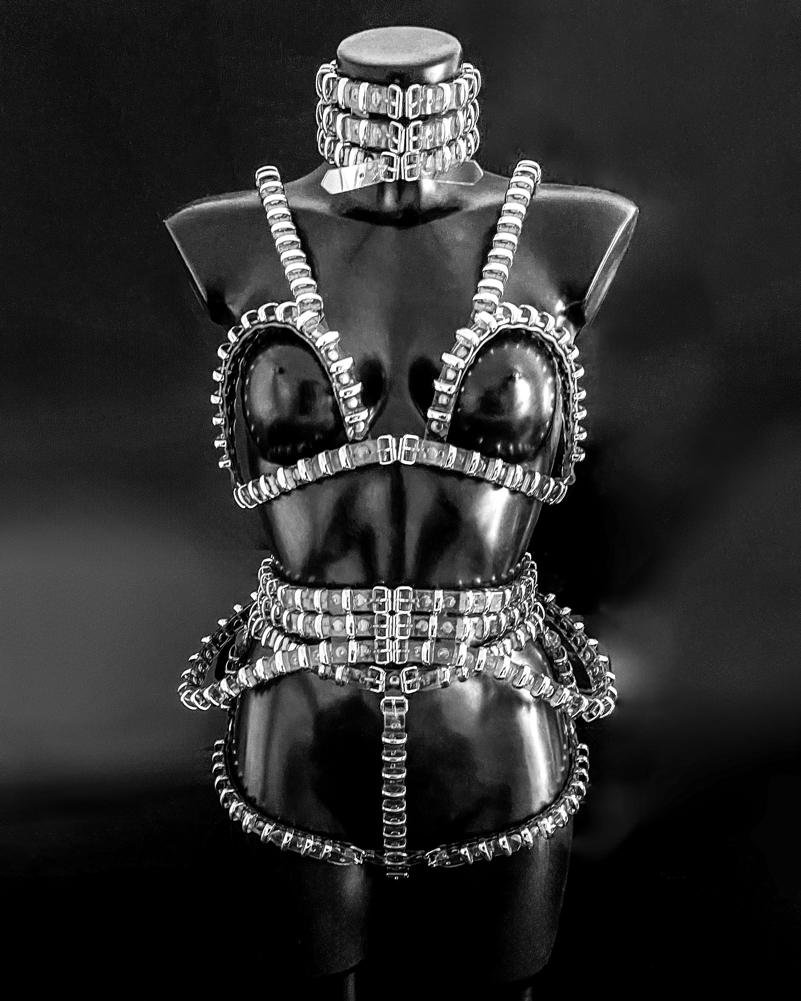 Jivomir Domoustchiev vegan vinyl pvc fashion wearable sculpture hand crafted to order only in East London Atelier independent luxury brand bras and panties knickers braves set collar choker kink belt