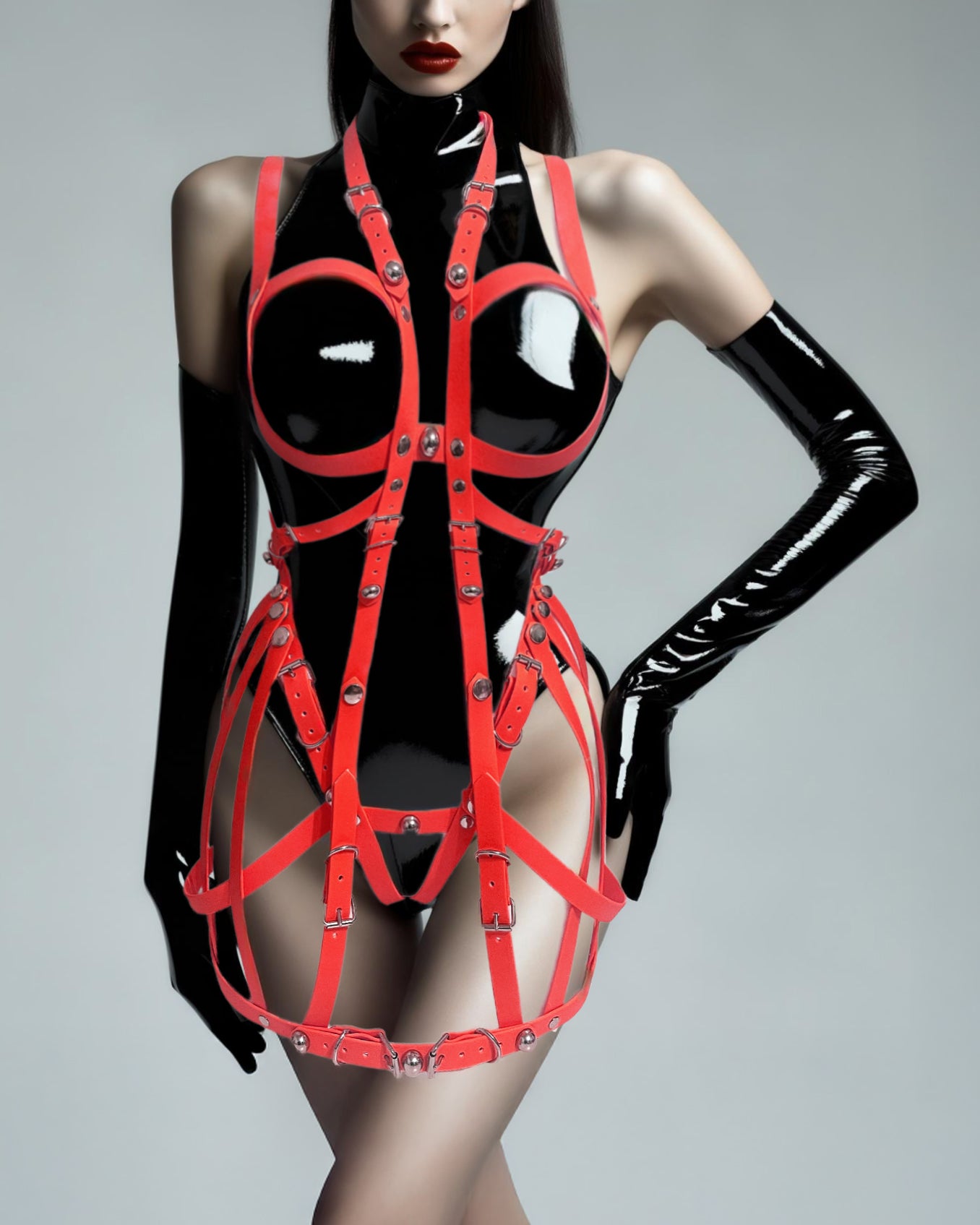 ATÉLIER JIVOMIR vegan vinyl mini little red dress sculpture kink fetish superhero cosplay luxury hand crafted designer must have crafted couture