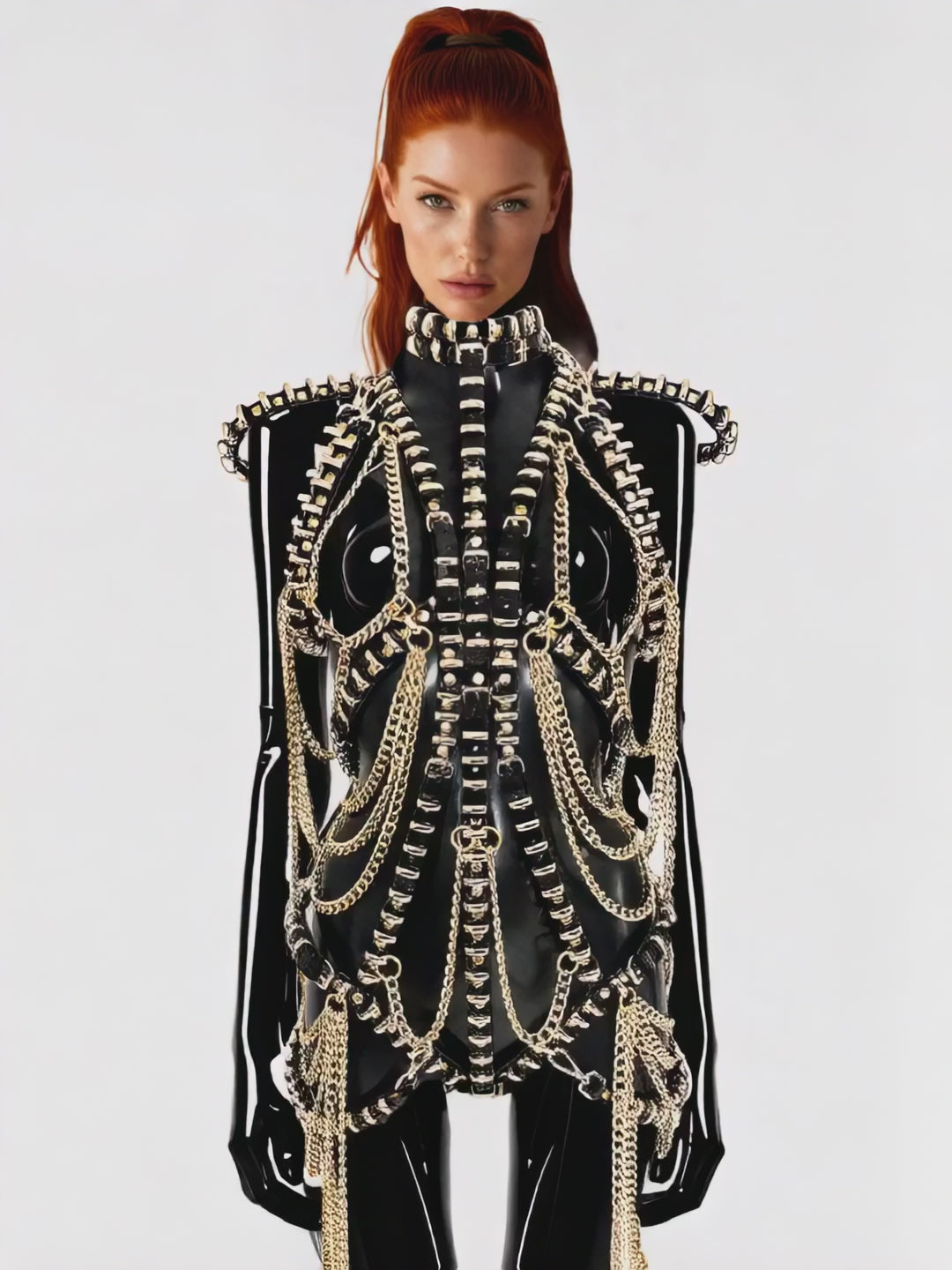 JIVOMIR DOMOUSTCHIEV VEGNA FASHION KINK MINI RING DRESS HARNESS CABARET SHOWGIRL SUPERHERO SUPERSTAR RECORDING ARTIST FUTURISTIC LUXURY GOLD