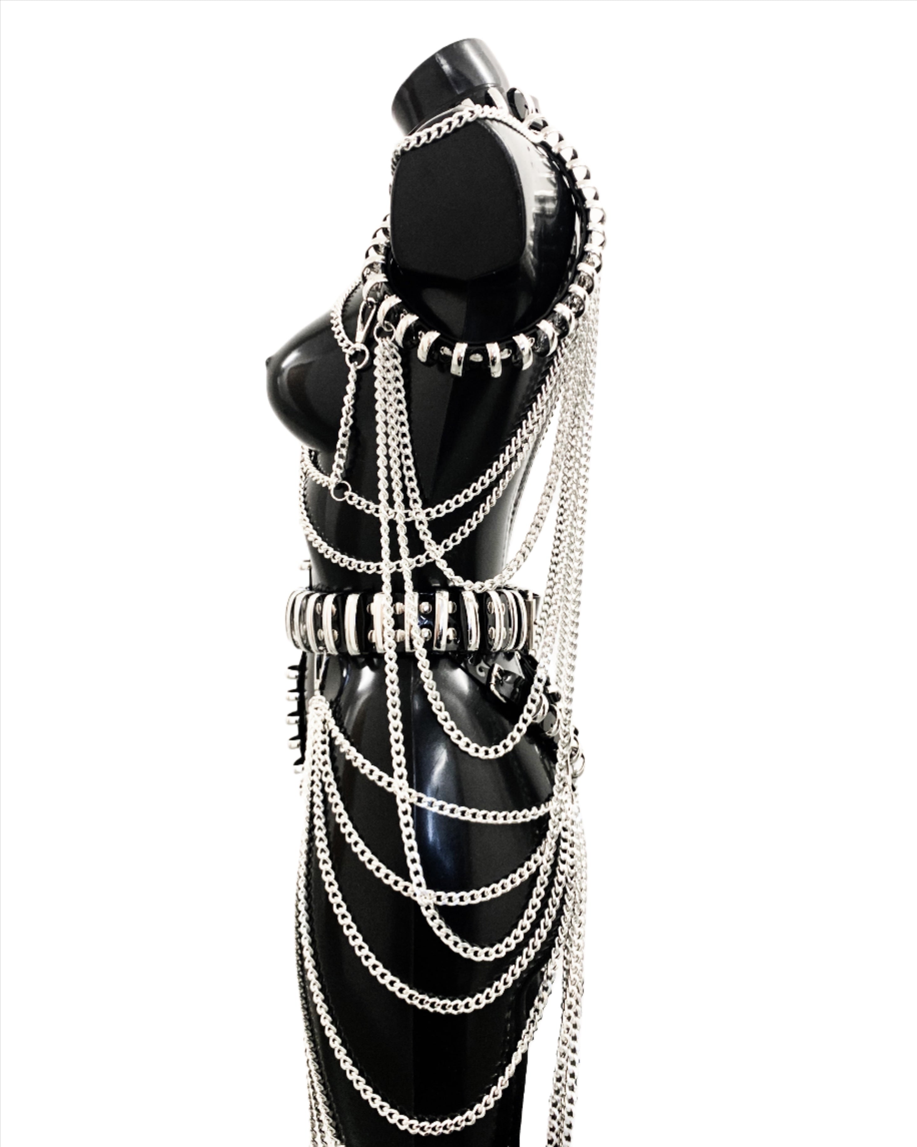 ATÉLIER JIVOMIR CRAZY MULTI CHAIN RING HARNESS DRESS IN CLEAR VINY AND SILVER SIDE VIEW