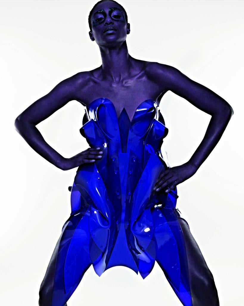 Jivomir Domoustchiev vegan vinyl pvc fashion wearable sculpture hand crafted to order only in East London Atelier independent luxury brand dress sculpture art couture