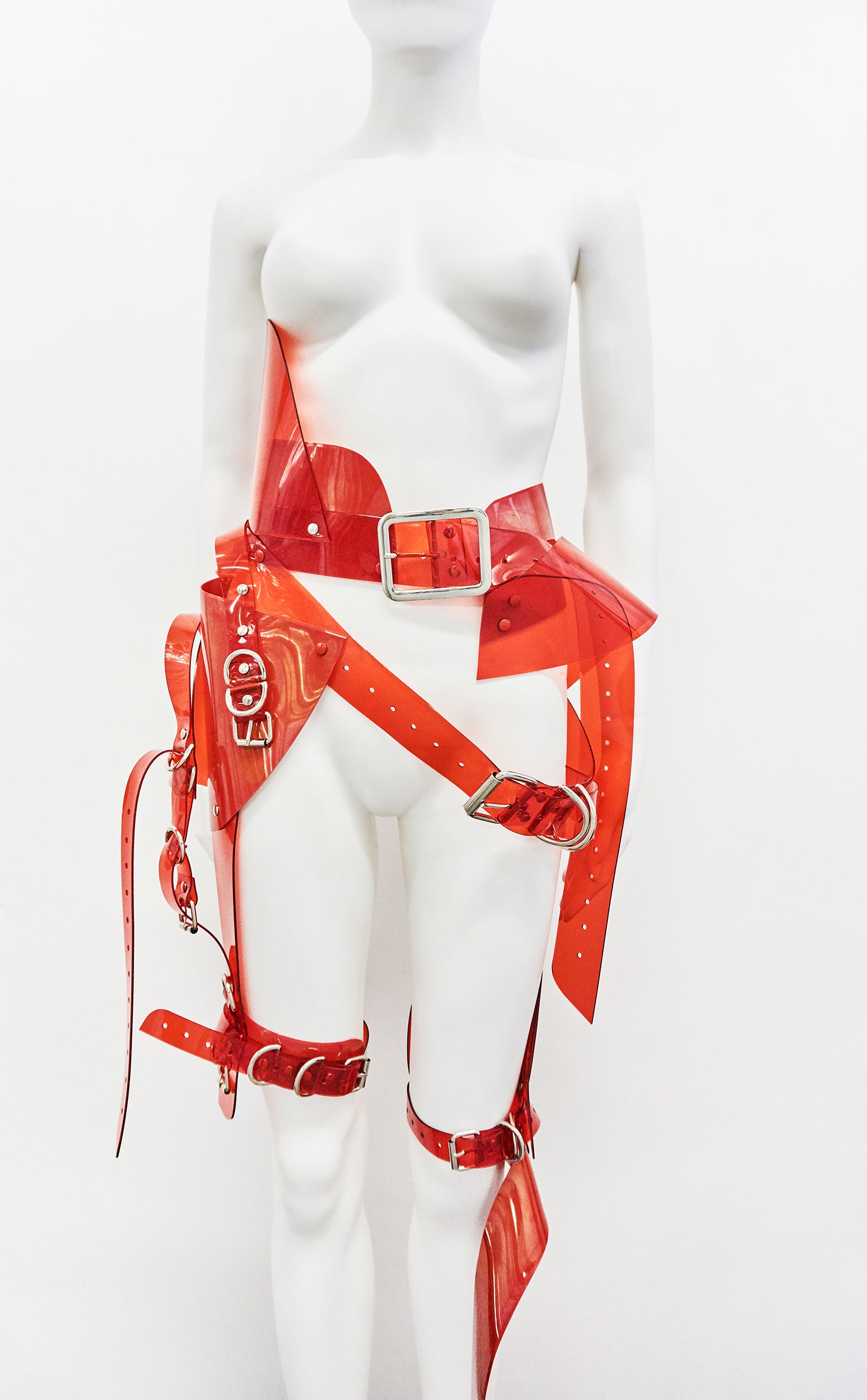 Jivomir Domoustchiev Multi buckle harness belt black and goldJivomir Domoustchiev Multi buckle harness belt transparent red vegan vinyl multi strap belt harness