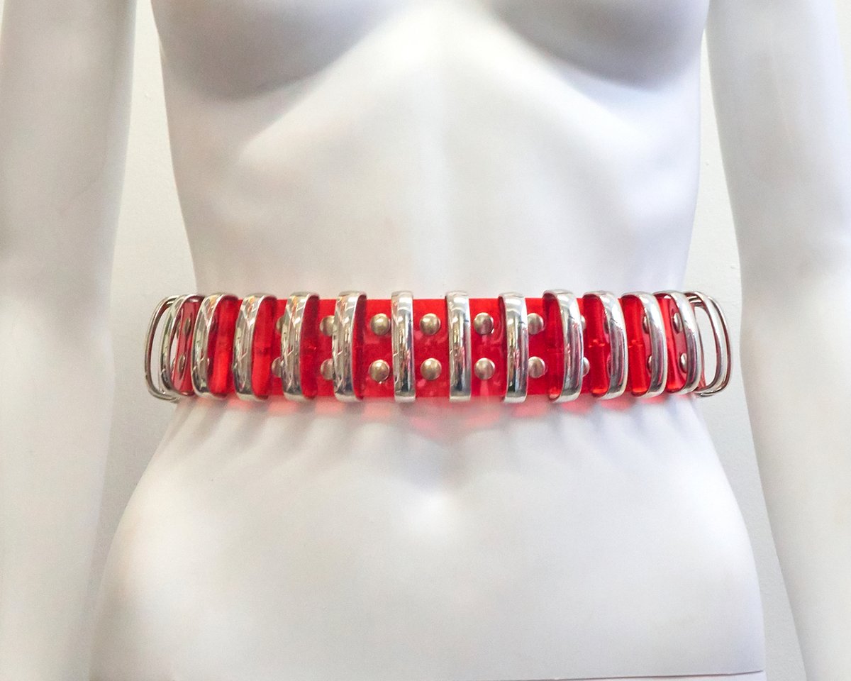 Jivomir Domoustchiev Multi Ring Shoulder Harness, Collar, Cuffs belt vegan vinyl hand crafted made in London