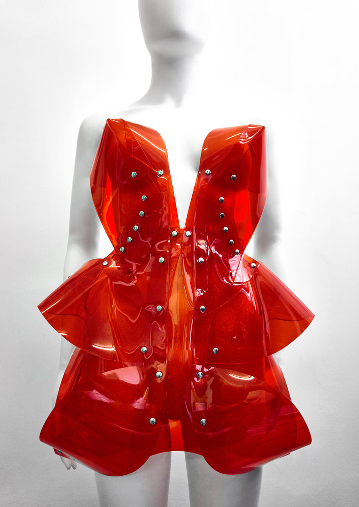 Jivomir Domoustchiev Little red dress. Stand out in the crowd with this stunning must have mini sculpture dress. Perfectly formed and absolutely stunning shown warn with the matching clear helmet available separately can be made in a variety of stunning colours
