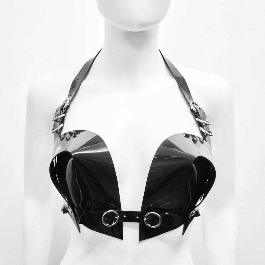 Jivomir Domoustchiev vegan vinyl sculpture fashion accessories hand crafted made in London kink avant garden future luxury mask bra thong belt gloves chocker transparent clear red black white blue orange