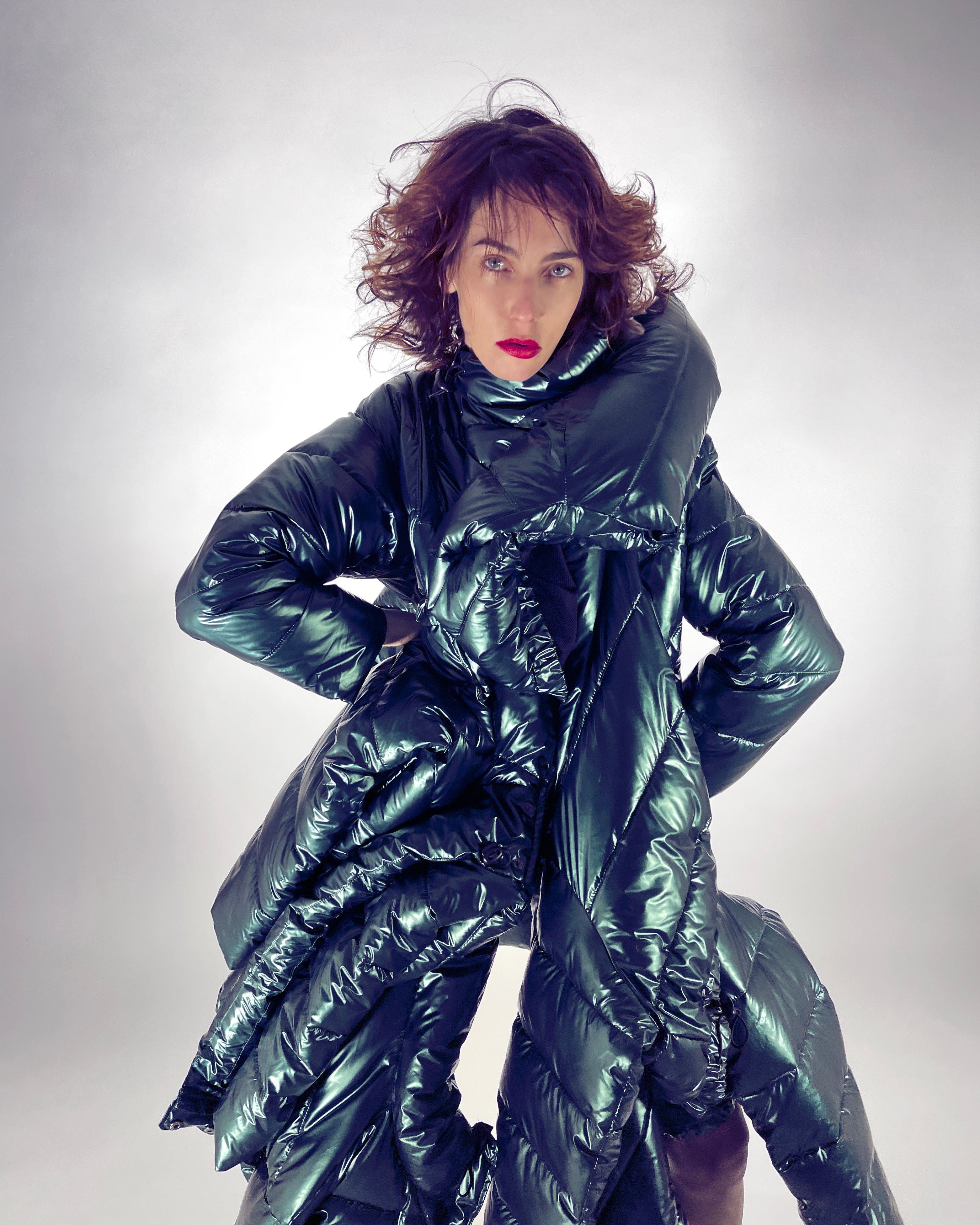 ATÉLIER JIVOMIR repurposed wearable sculpture puf coat teal metallic model