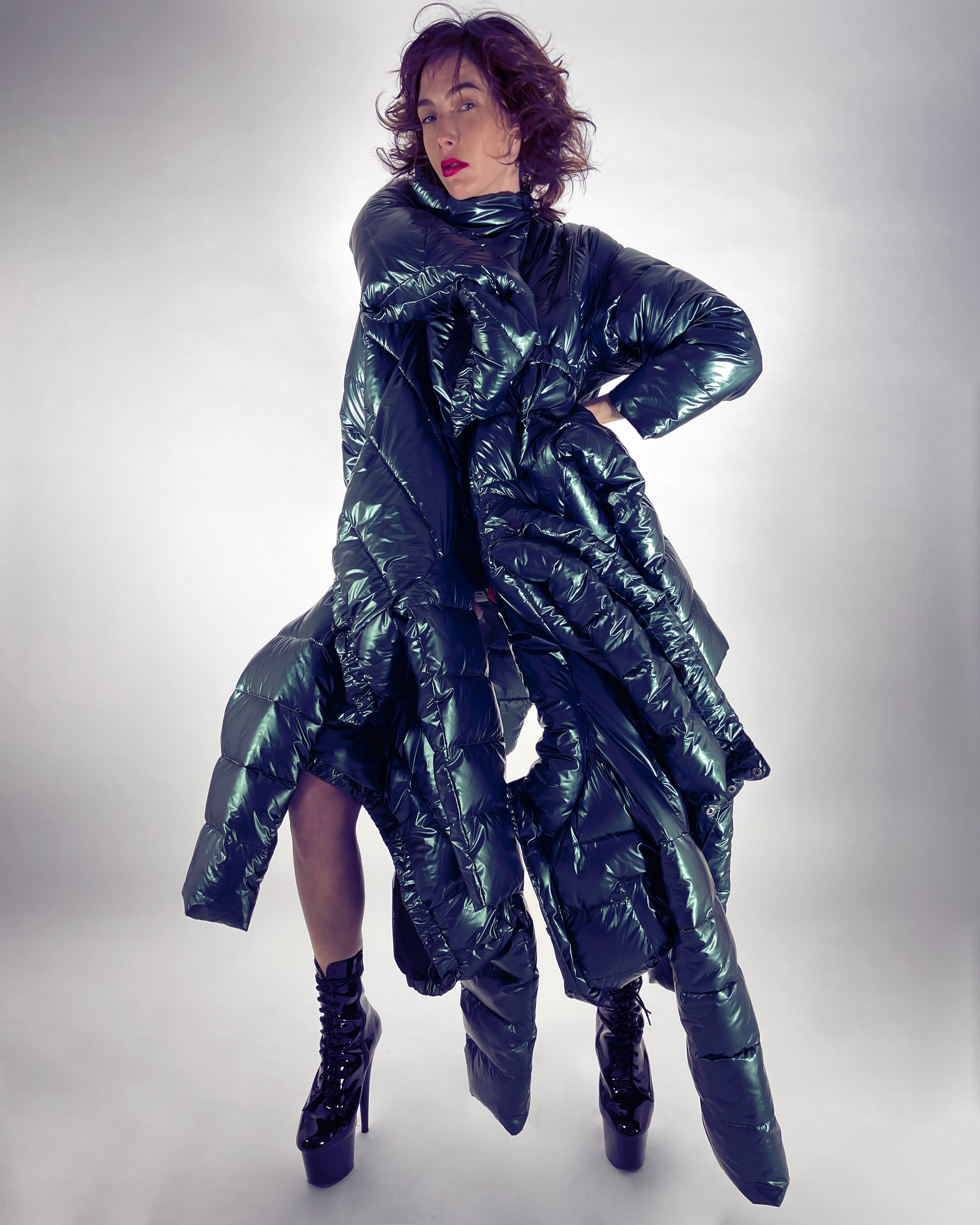 ATÉLIER JIVOMIR repurposed wearable sculpture puf coat teal metallic