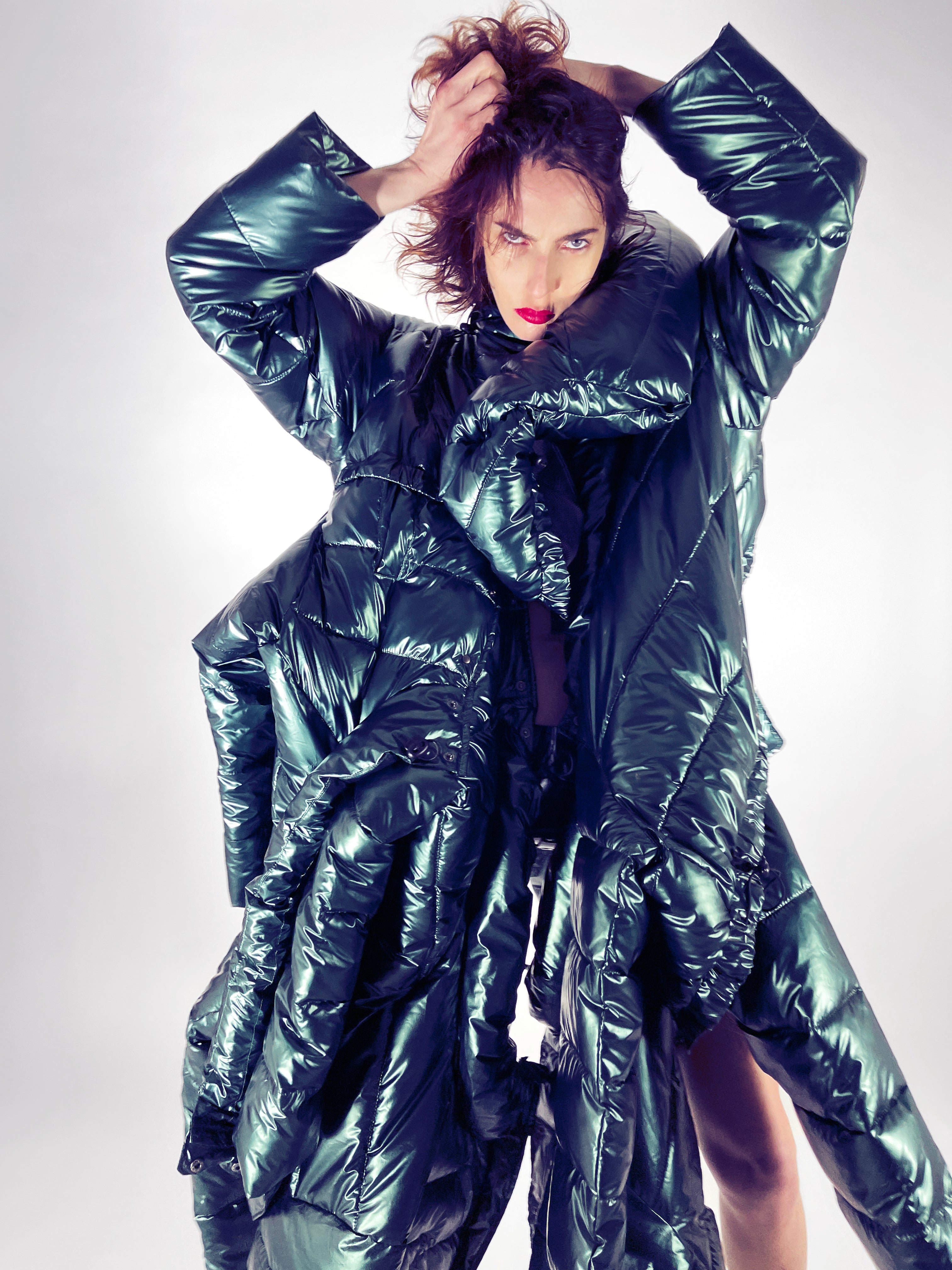 ATÉLIER JIVOMIR repurposed wearable sculpture puf coat teal metallic model