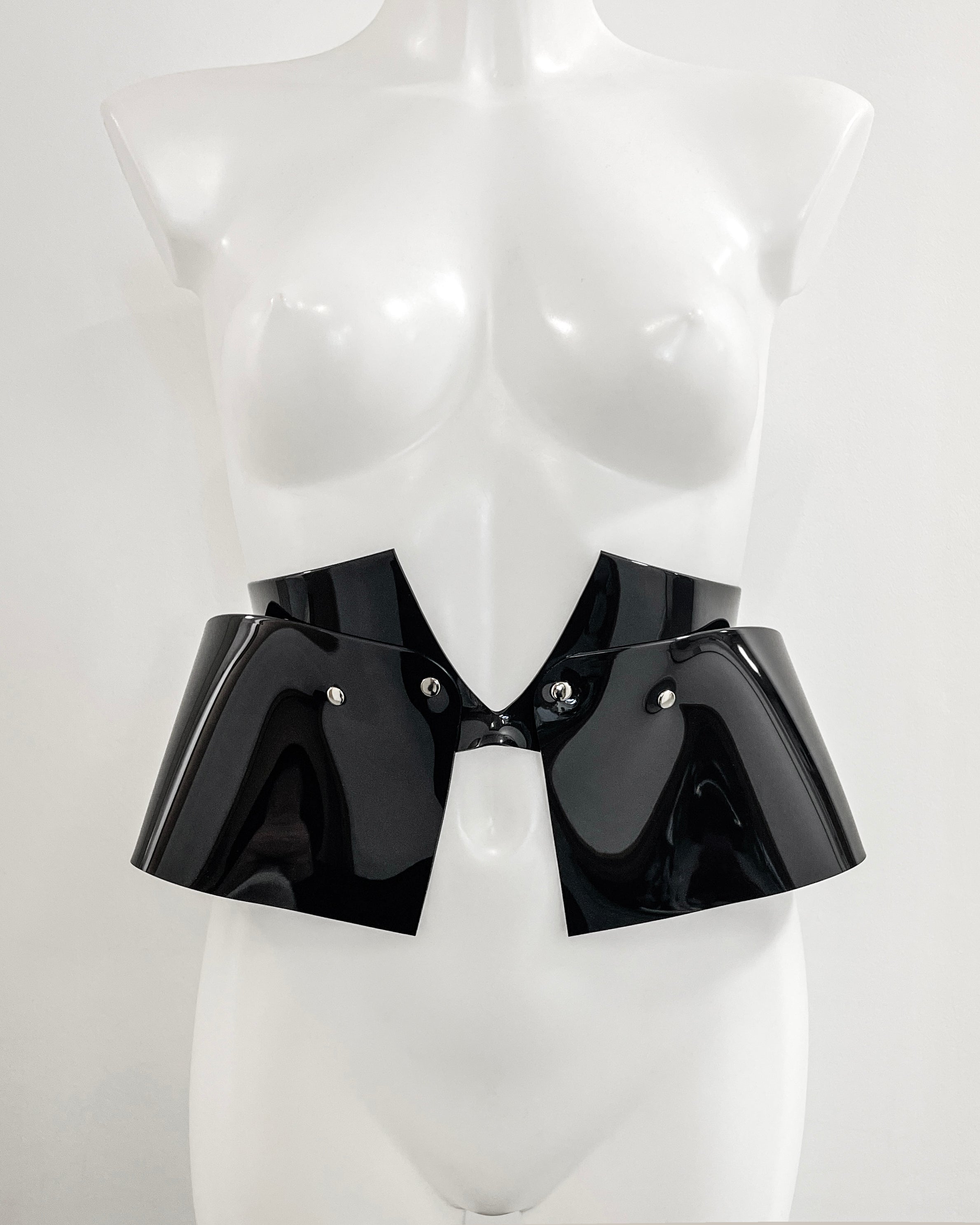 Jivomir Domoustchiev x Julien McDonald  vegan vinyl PVC fashion accessories belt harness collar choker bra bustier peplum corset kink cosplay vegan hand crafted London