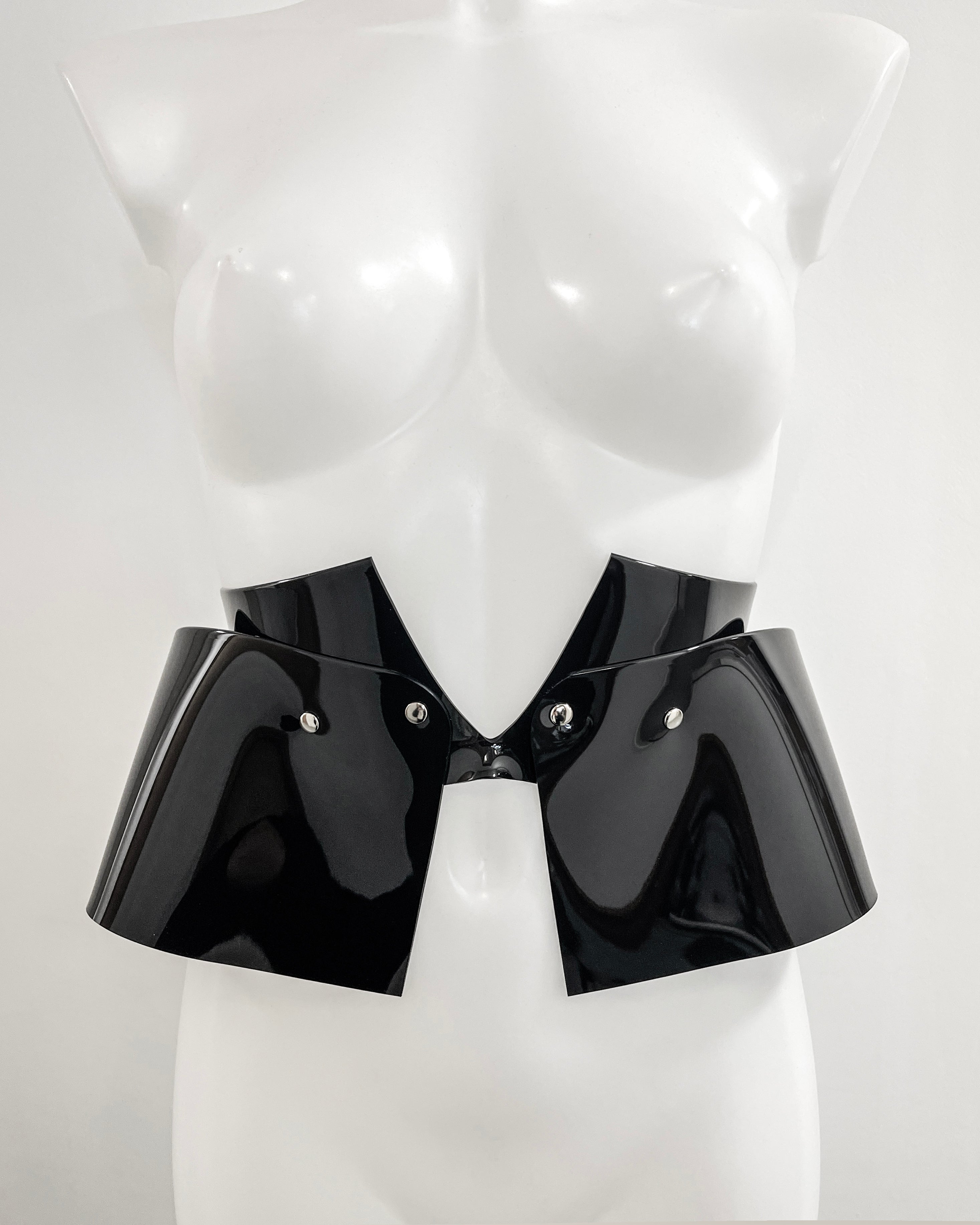 Jivomir Domoustchiev x Julien McDonald  vegan vinyl PVC fashion accessories belt harness collar choker bra bustier peplum corset kink cosplay vegan hand crafted London