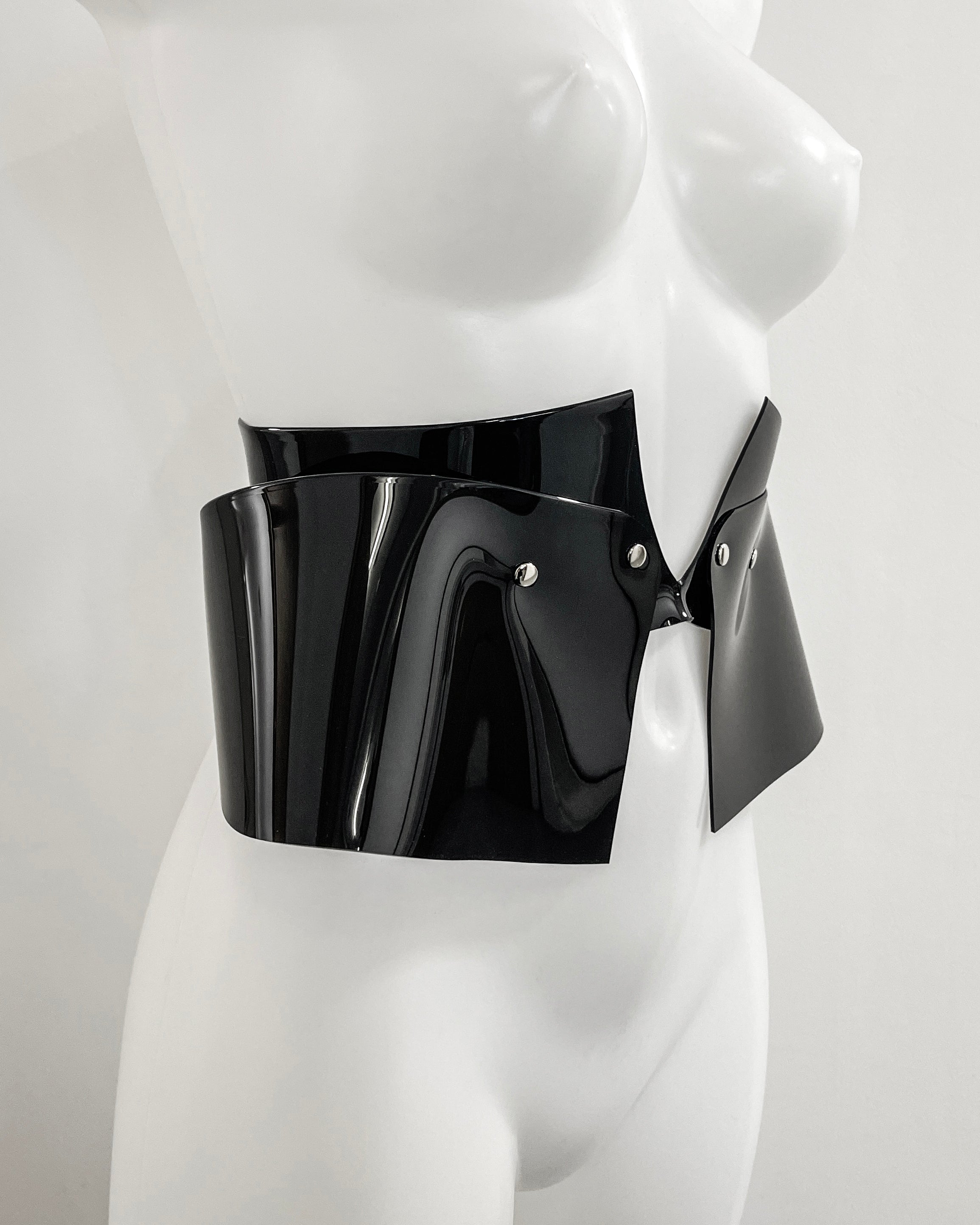 Jivomir Domoustchiev x Julien McDonald  vegan vinyl PVC fashion accessories belt harness collar choker bra bustier peplum corset kink cosplay vegan hand crafted London