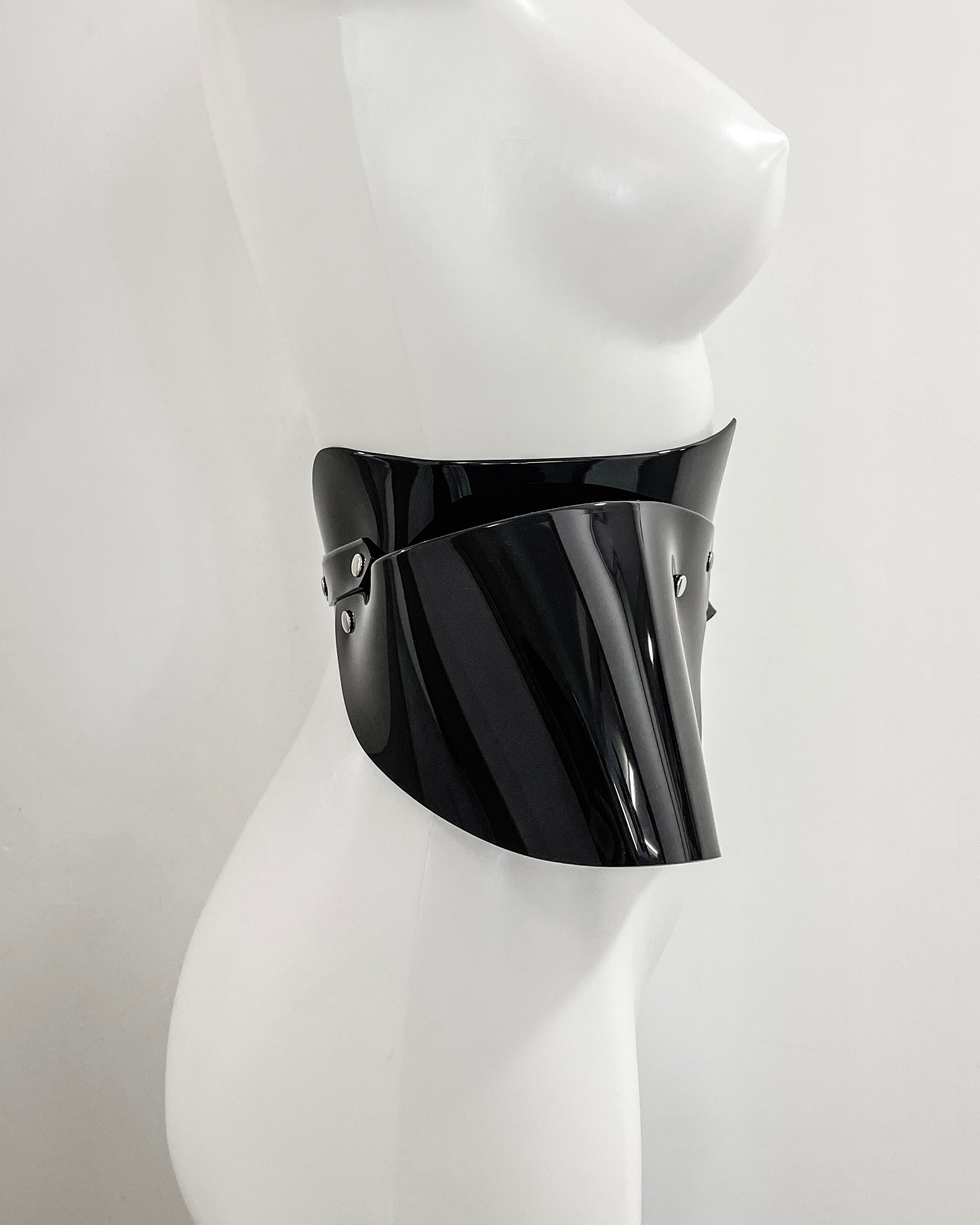 Jivomir Domoustchiev vegan vinyl pvc fashion wearable sculpture belt hand crafted to order only in East London Atelier independent luxury brand