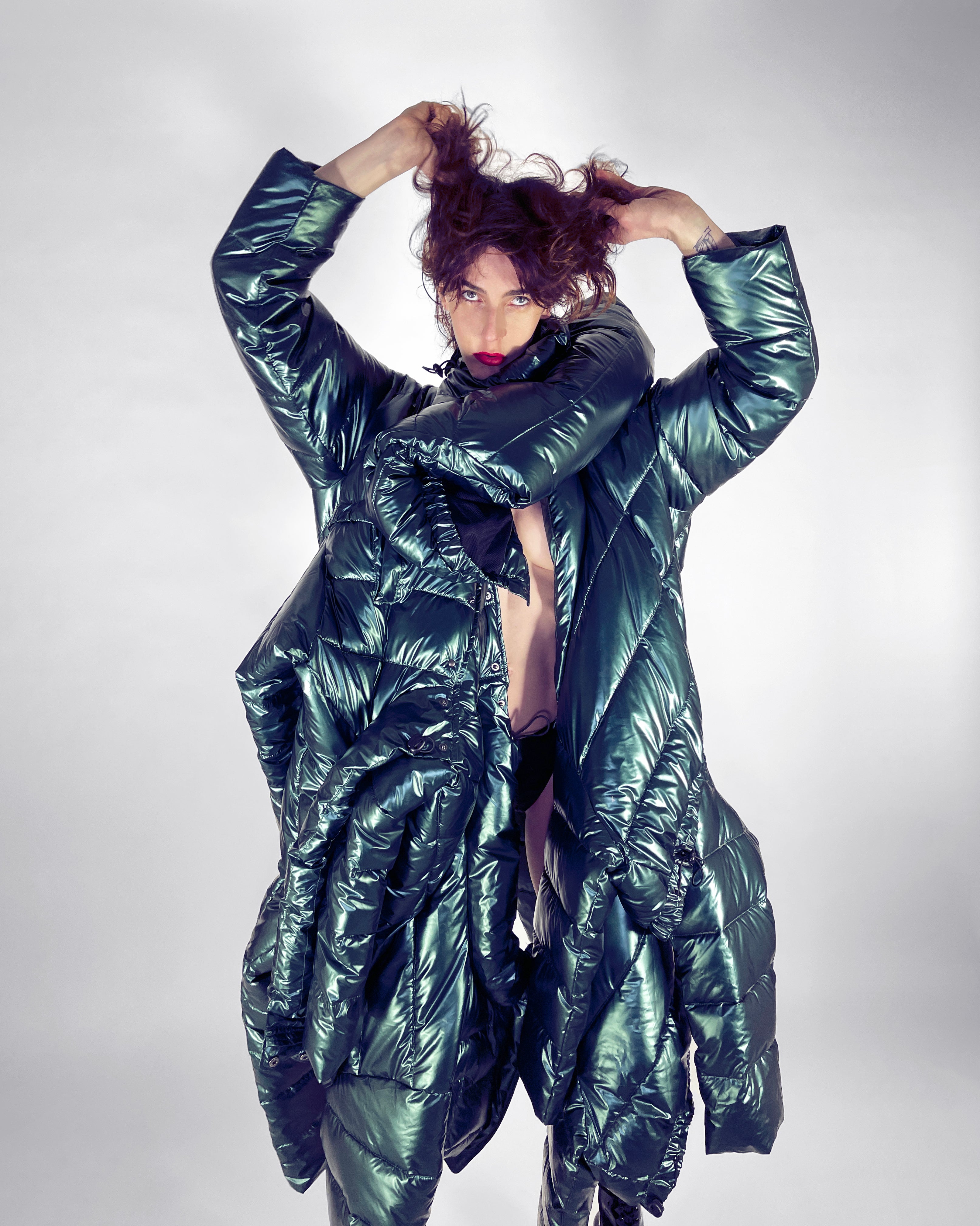 ATÉLIER JIVOMIR repurposed wearable sculpture puf coat teal metallic