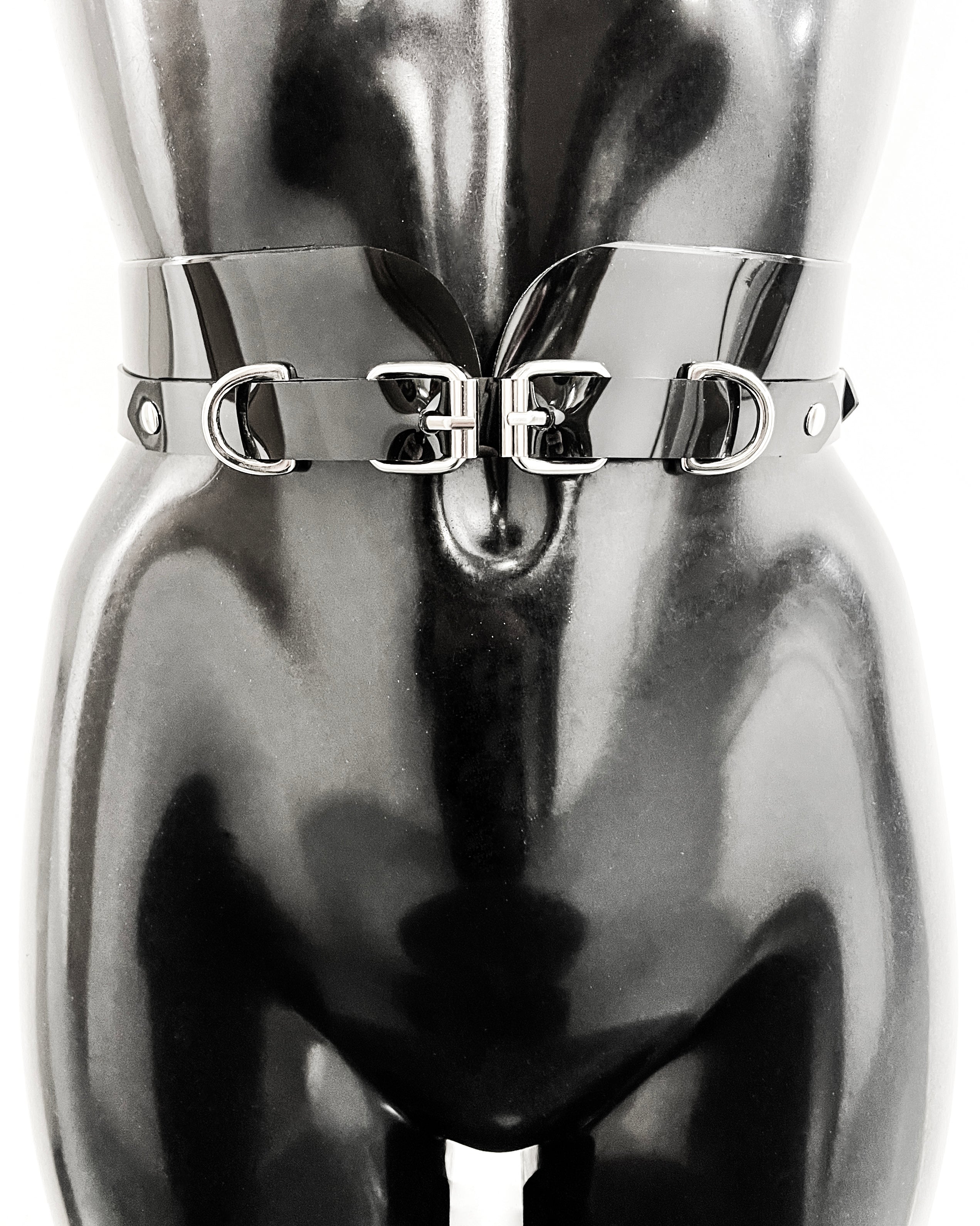 Jivomir Domoustchiev x Julien McDonald vegan vinyl PVC fashion accessories belt harness collar choker bra bustier peplum corset kink cosplay vegan hand crafted London