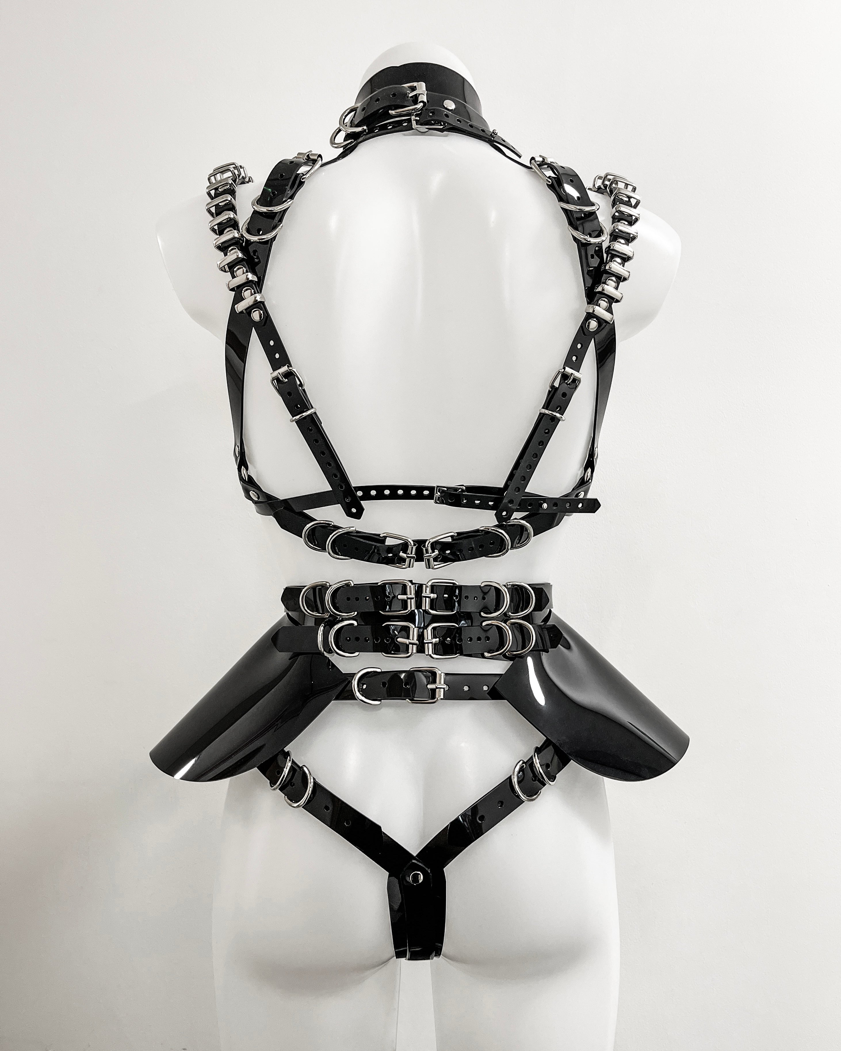 Jivomir Domoustchiev x Julien McDonald  vegan vinyl PVC fashion accessories belt harness collar choker bra bustier peplum corset kink cosplay vegan hand crafted London