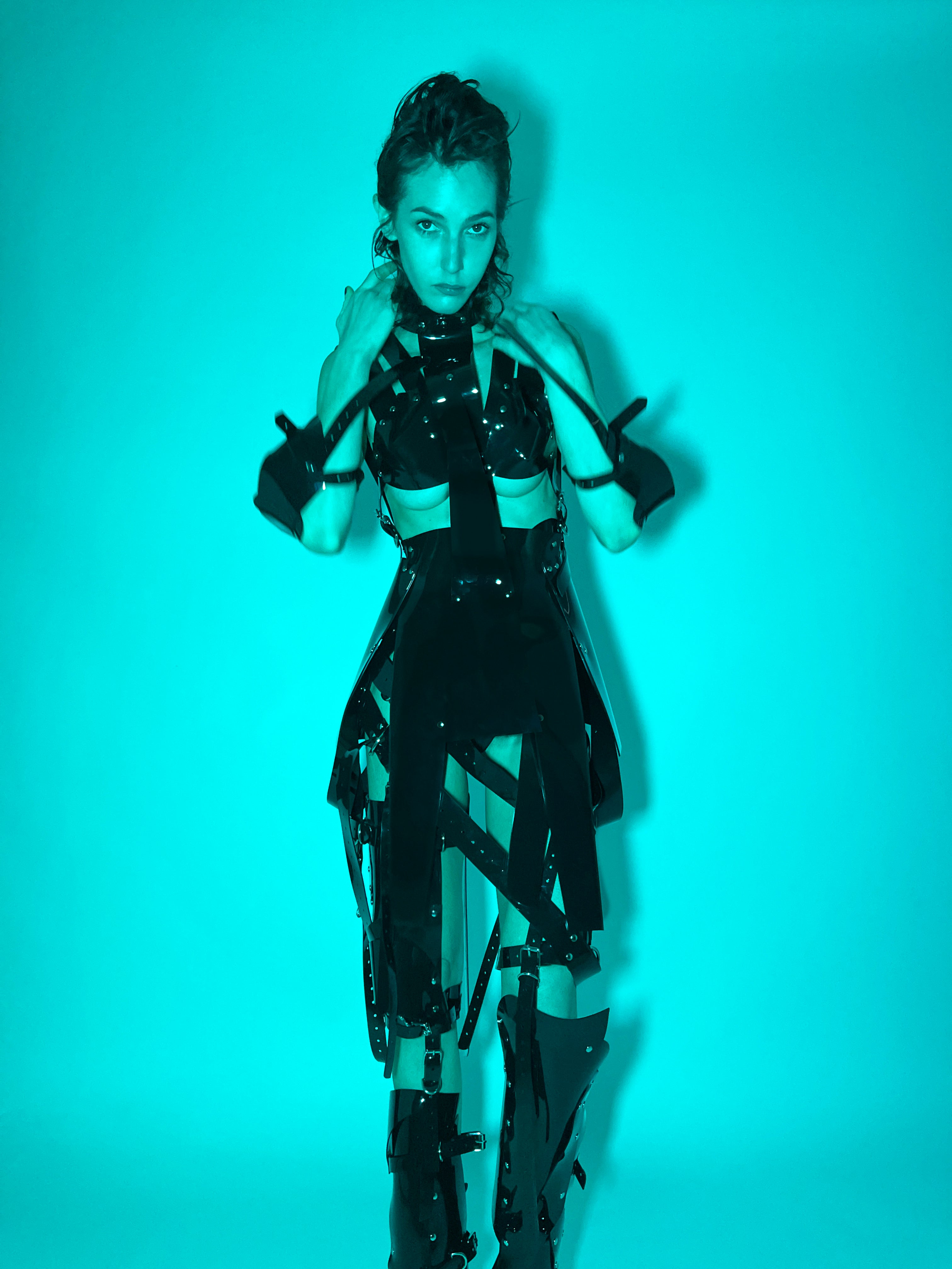 Jivomir Domoustchiev PVC vegan Vinyl Future Gladiator multi buckle harness dress