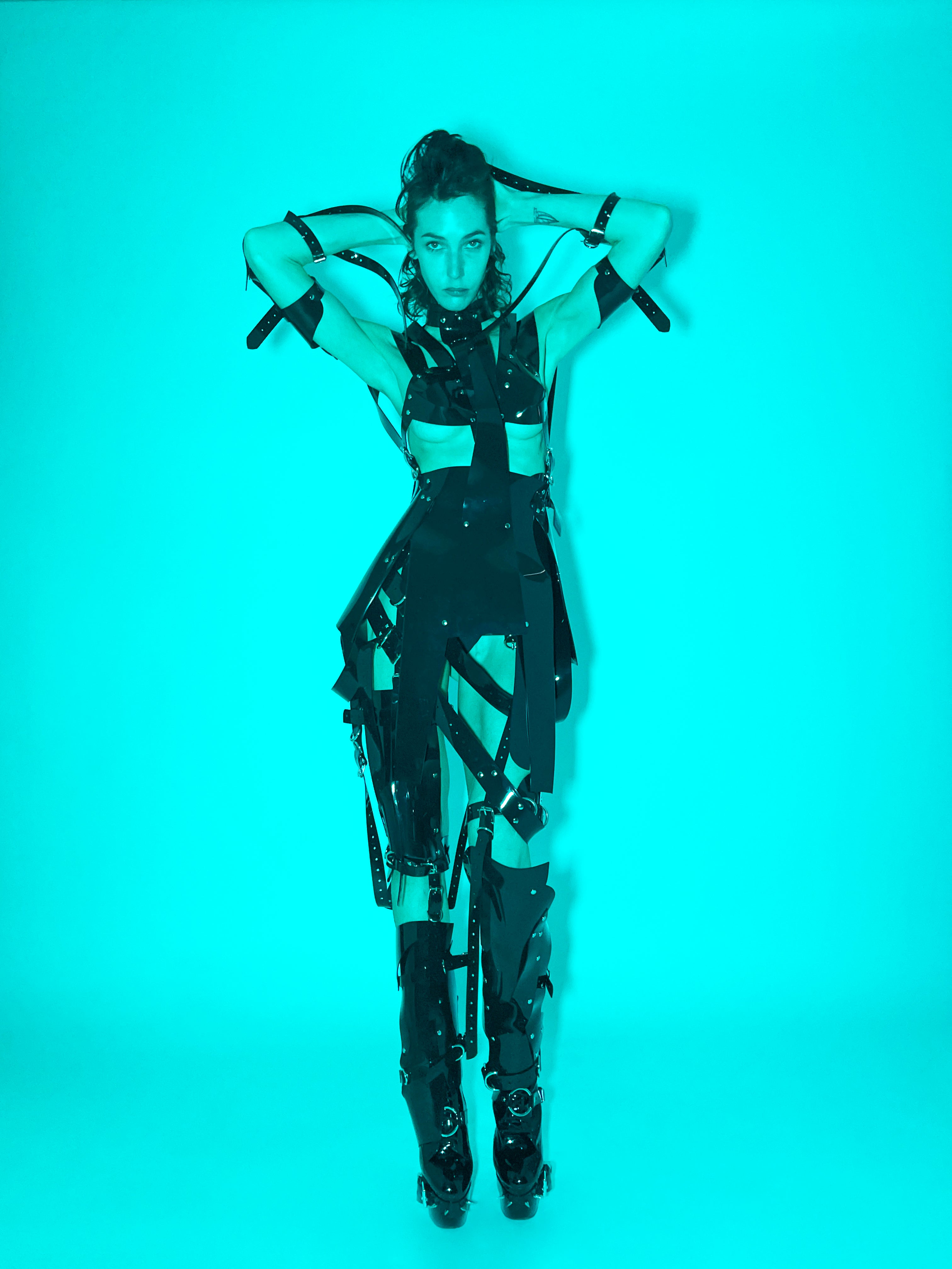 Jivomir Domoustchiev PVC vegan Vinyl Future Gladiator multi buckle harness dress