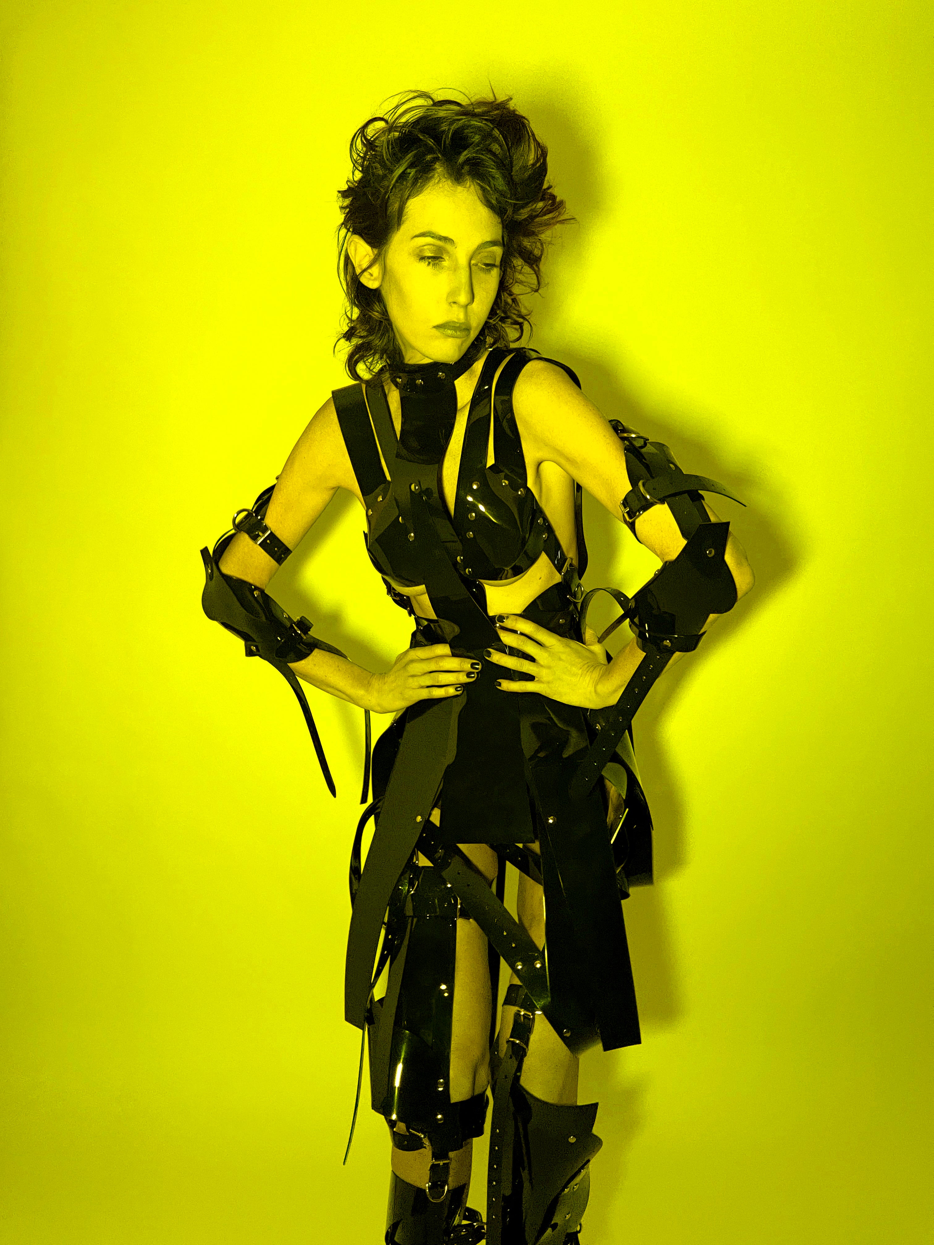 Jivomir Domoustchiev PVC vegan Vinyl Future Gladiator multi buckle harness dress