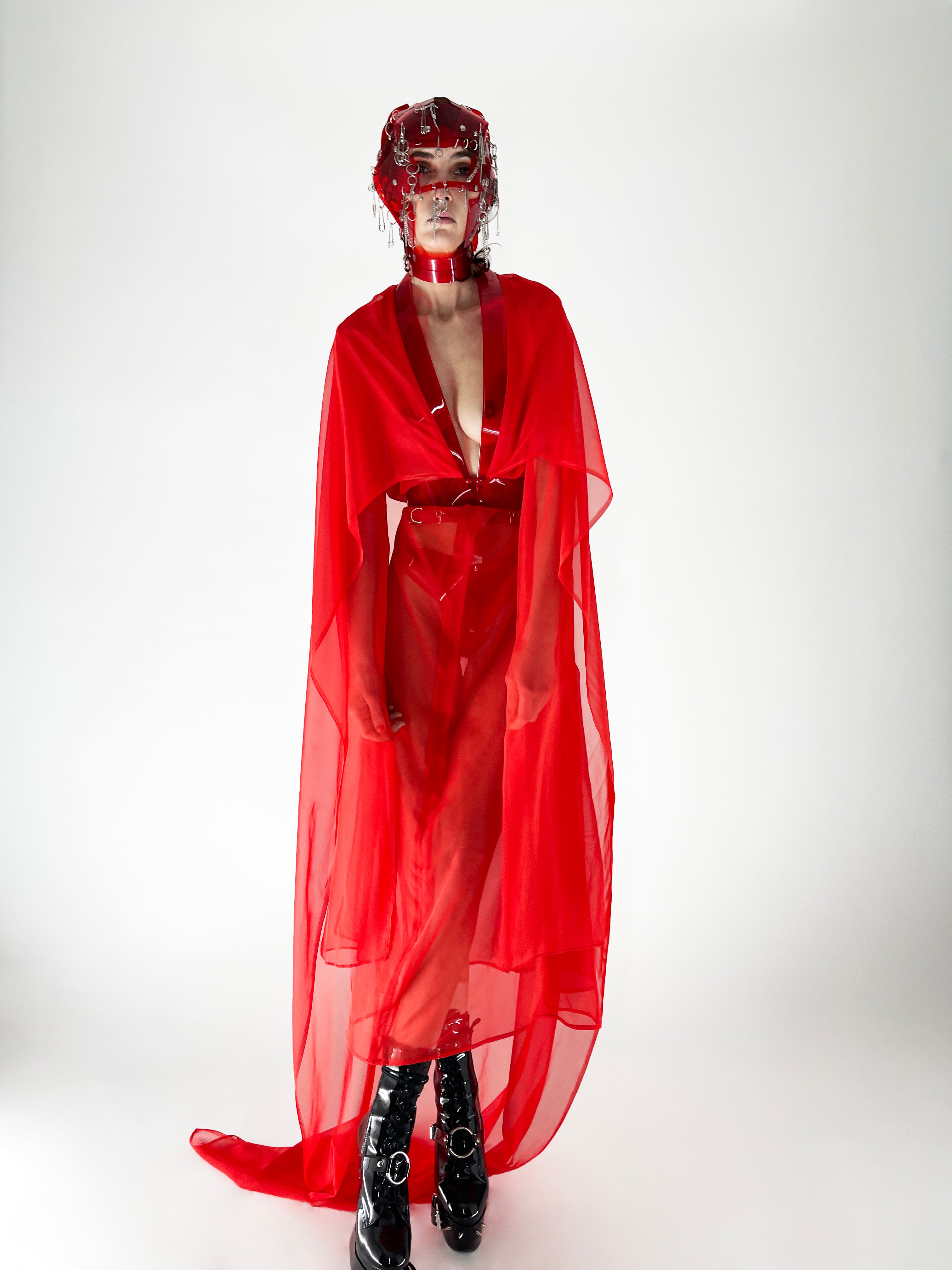 Onna Bugeisha  collection Jivomir Domoustchiev Superhero V Dress dress with low V front, split kimono extra long sleeve detail and cape.