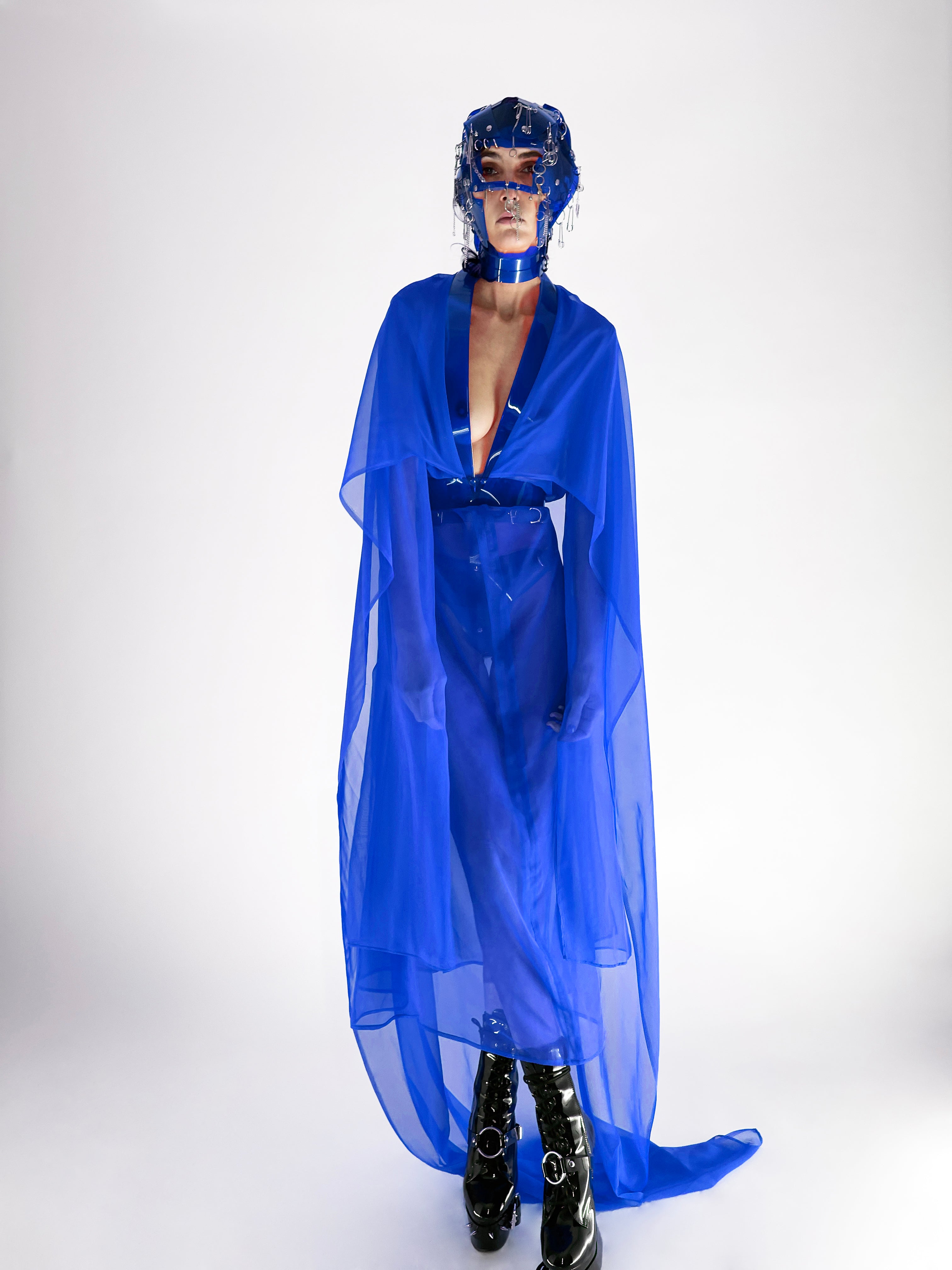 Onna Bugeisha  collection Jivomir Domoustchiev Superhero V Dress dress with low V front, split kimono extra long sleeve detail and cape.