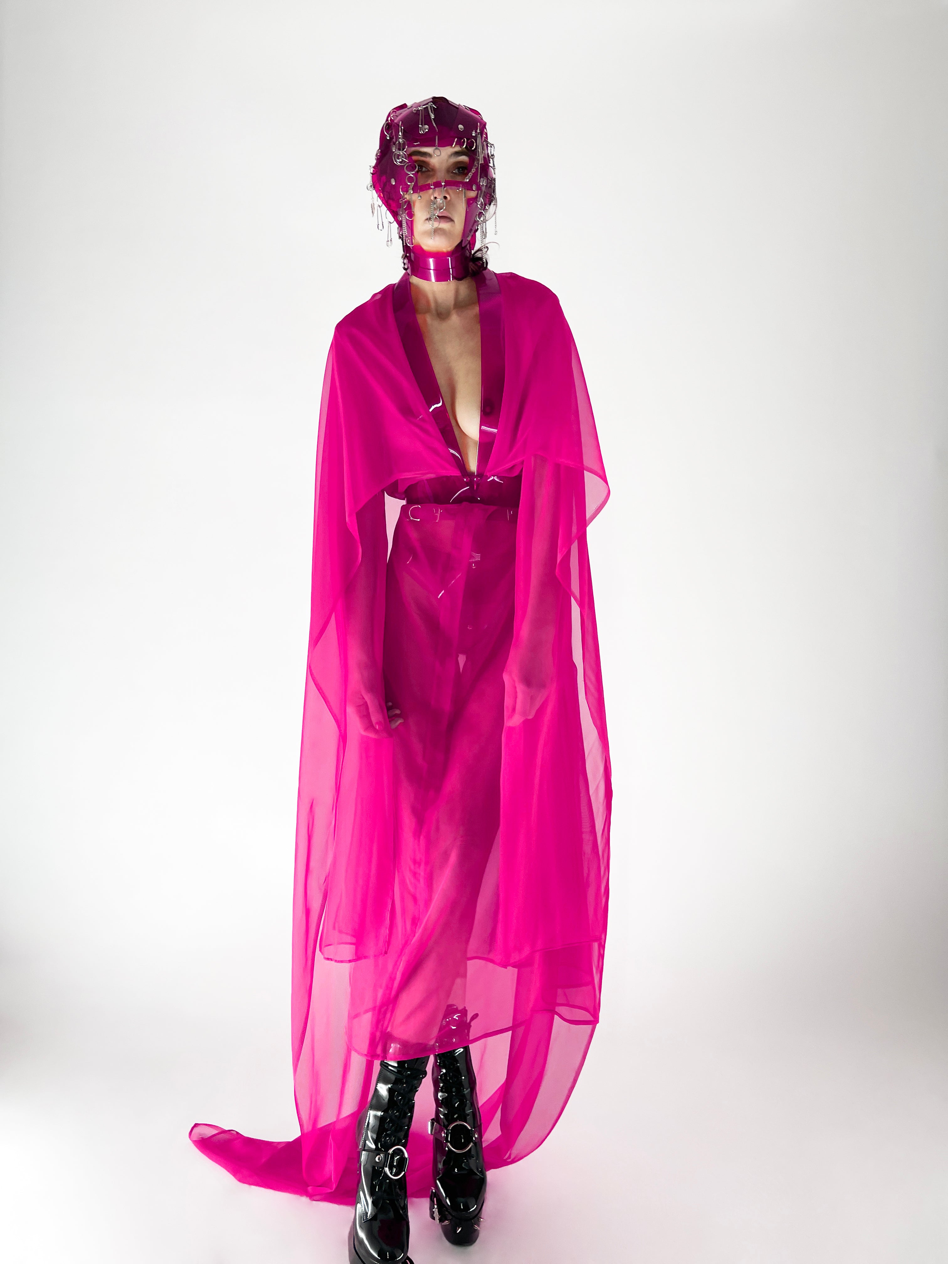 Onna Bugeisha  collection Jivomir Domoustchiev Superhero V Dress dress with low V front, split kimono extra long sleeve detail and cape.