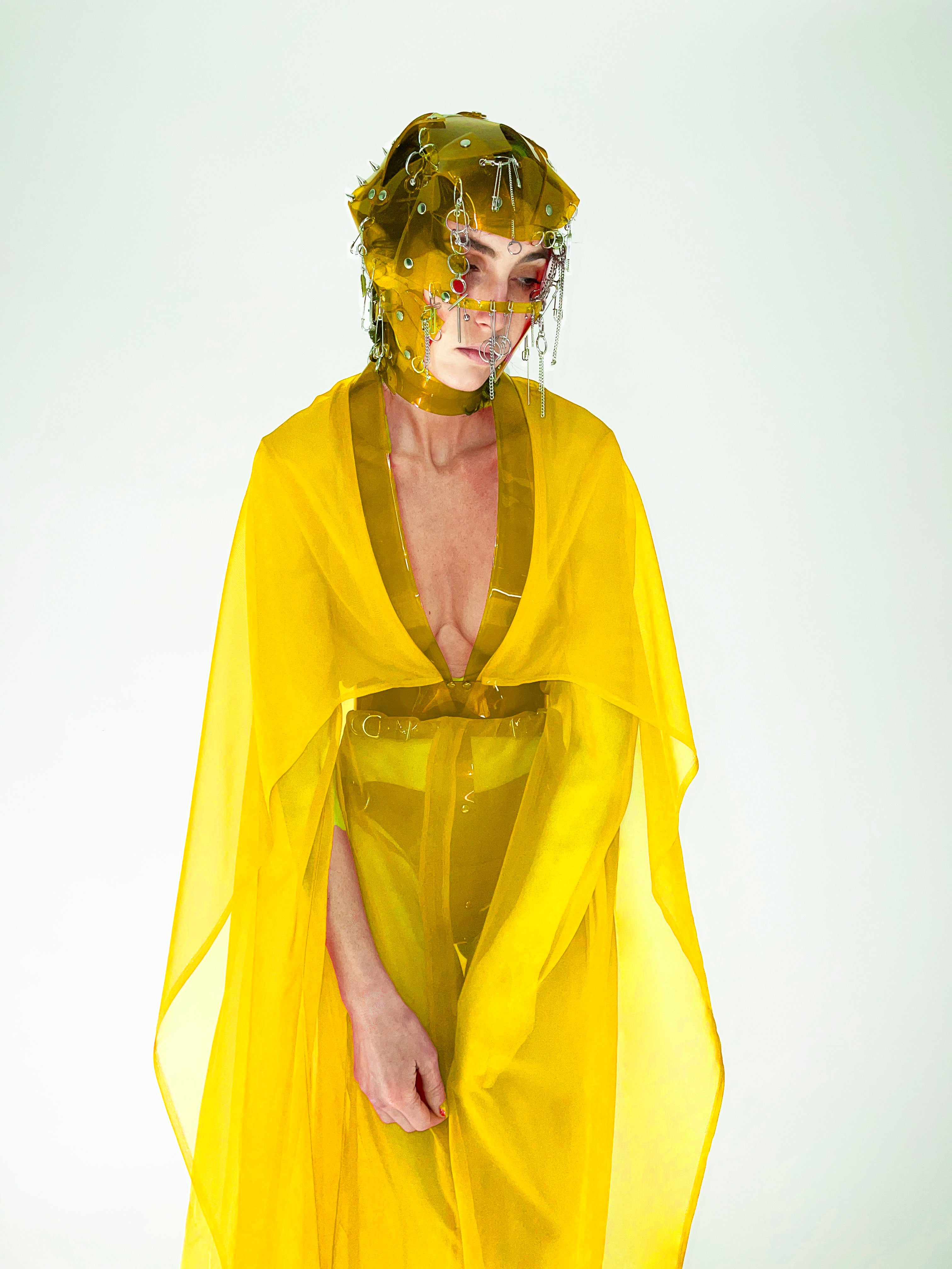 Onna Bugeisha  collection Jivomir Domoustchiev Superhero V Dress dress with low V front, split kimono extra long sleeve detail and cape.