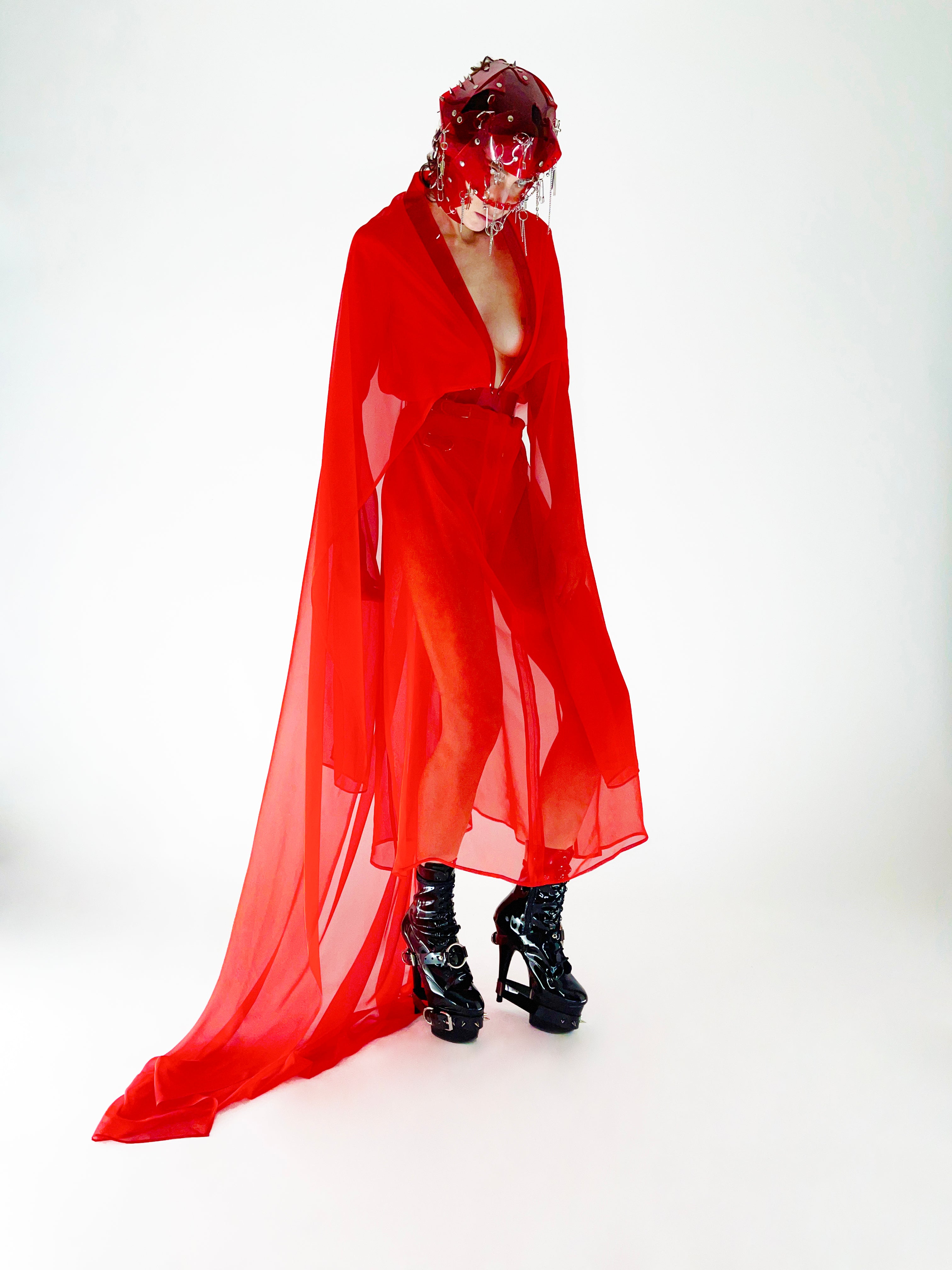 Onna Bugeisha  collection Jivomir Domoustchiev Superhero V Dress dress with low V front, split kimono extra long sleeve detail and cape.