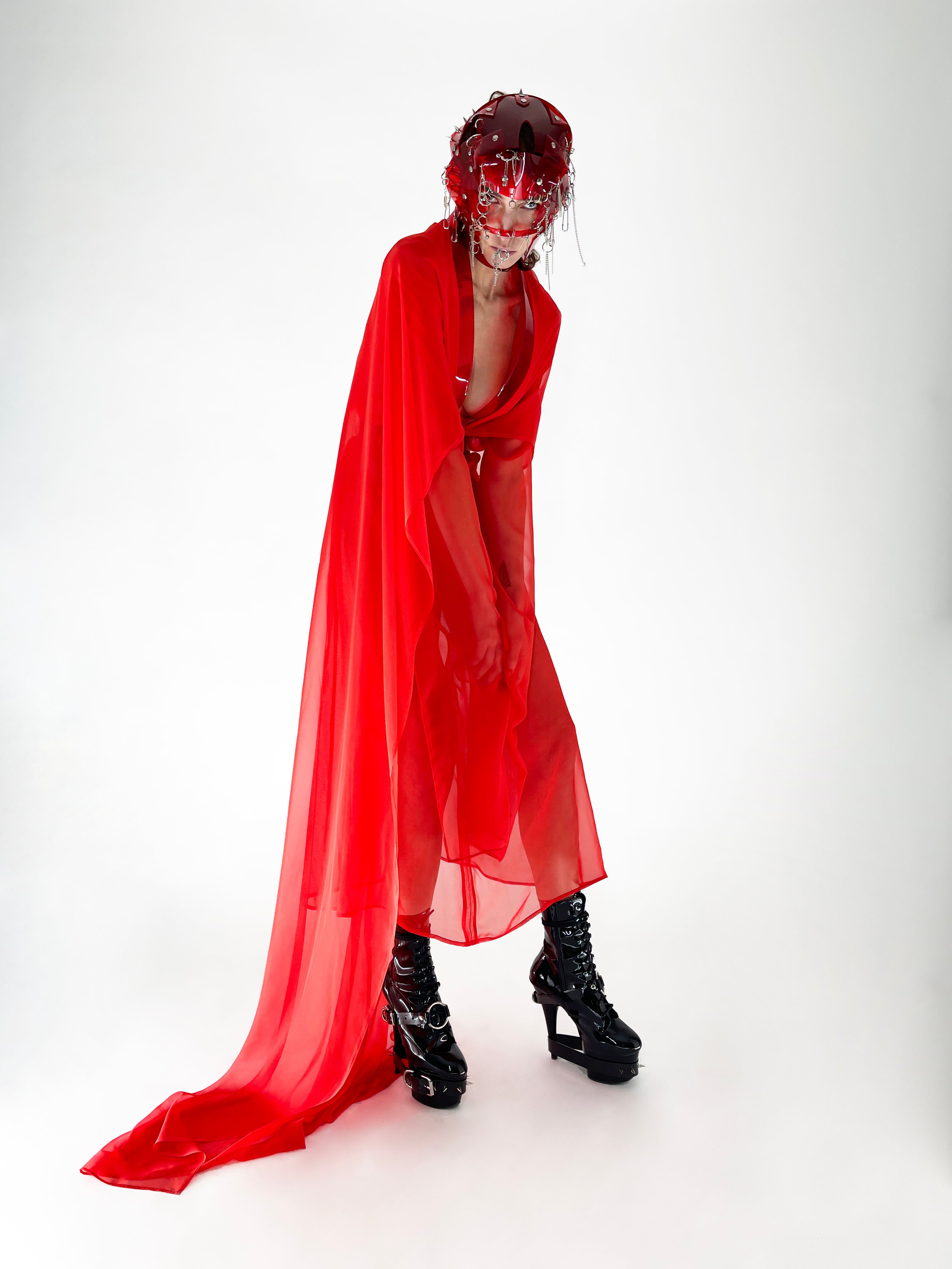 Onna Bugeisha  collection Jivomir Domoustchiev Superhero V Dress dress with low V front, split kimono extra long sleeve detail and cape.