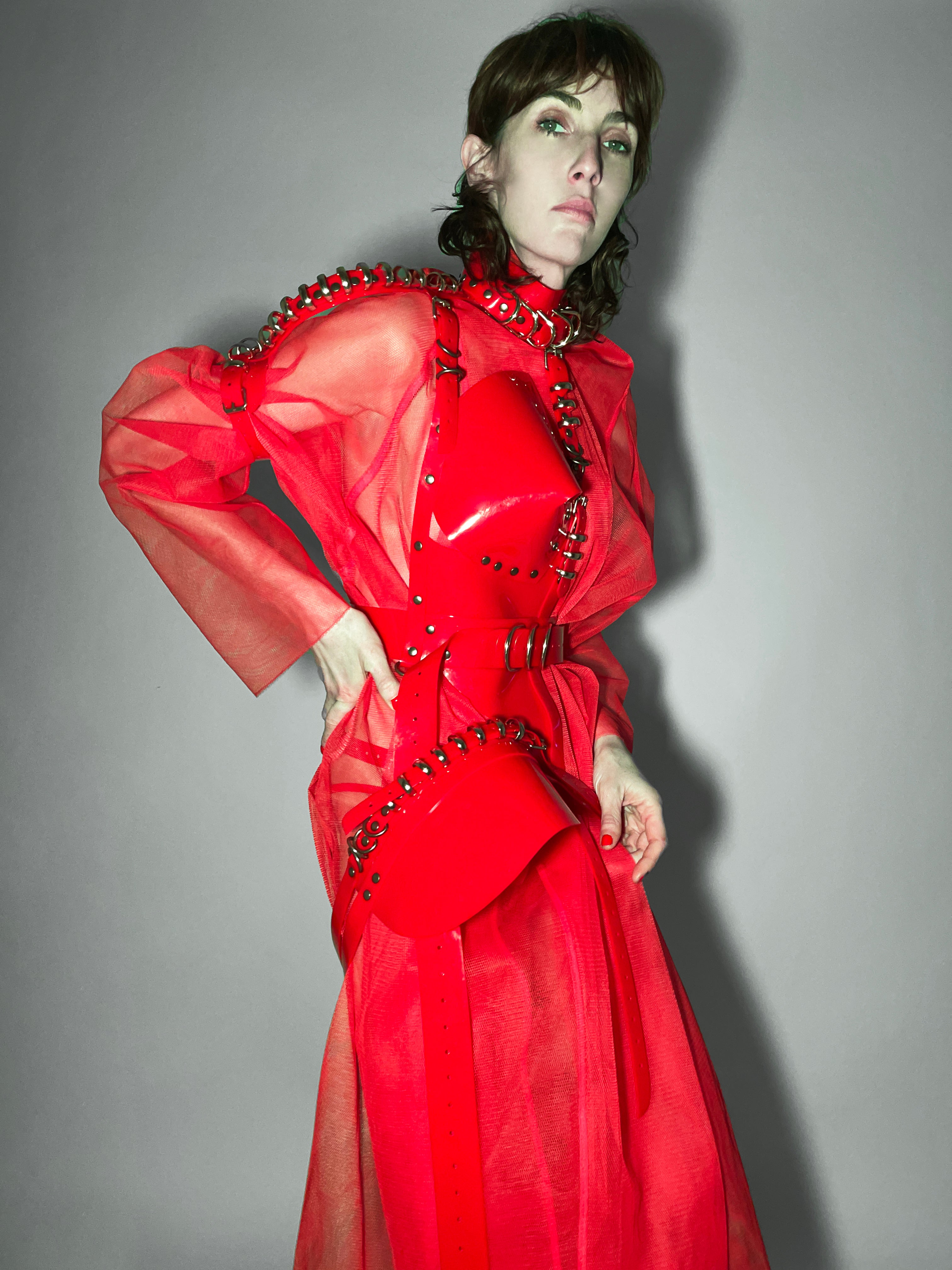 Jivomir Domoustchiev vegan vinyl hand crafted half body armour multi ring harness