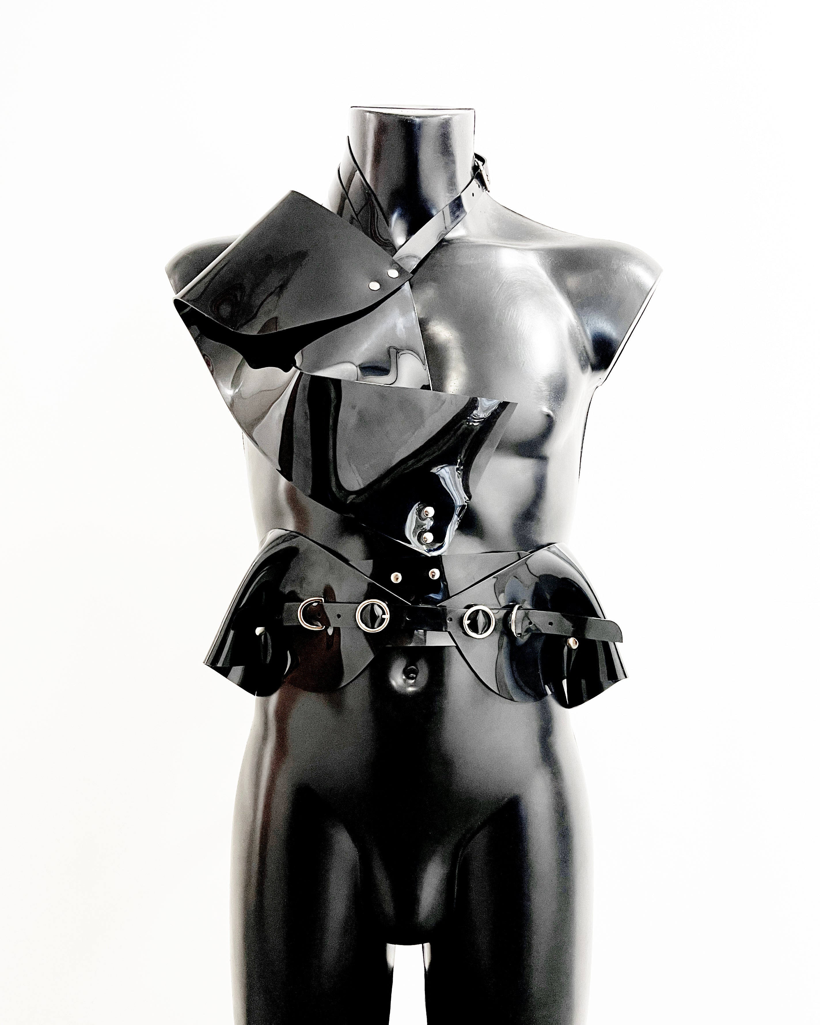 Jivomir Domoustchiev vinyl sculpture half harness belt blackJivomir Domoustchiev vegan vinyl transparent hand body harness kink fetish cosplay future robot