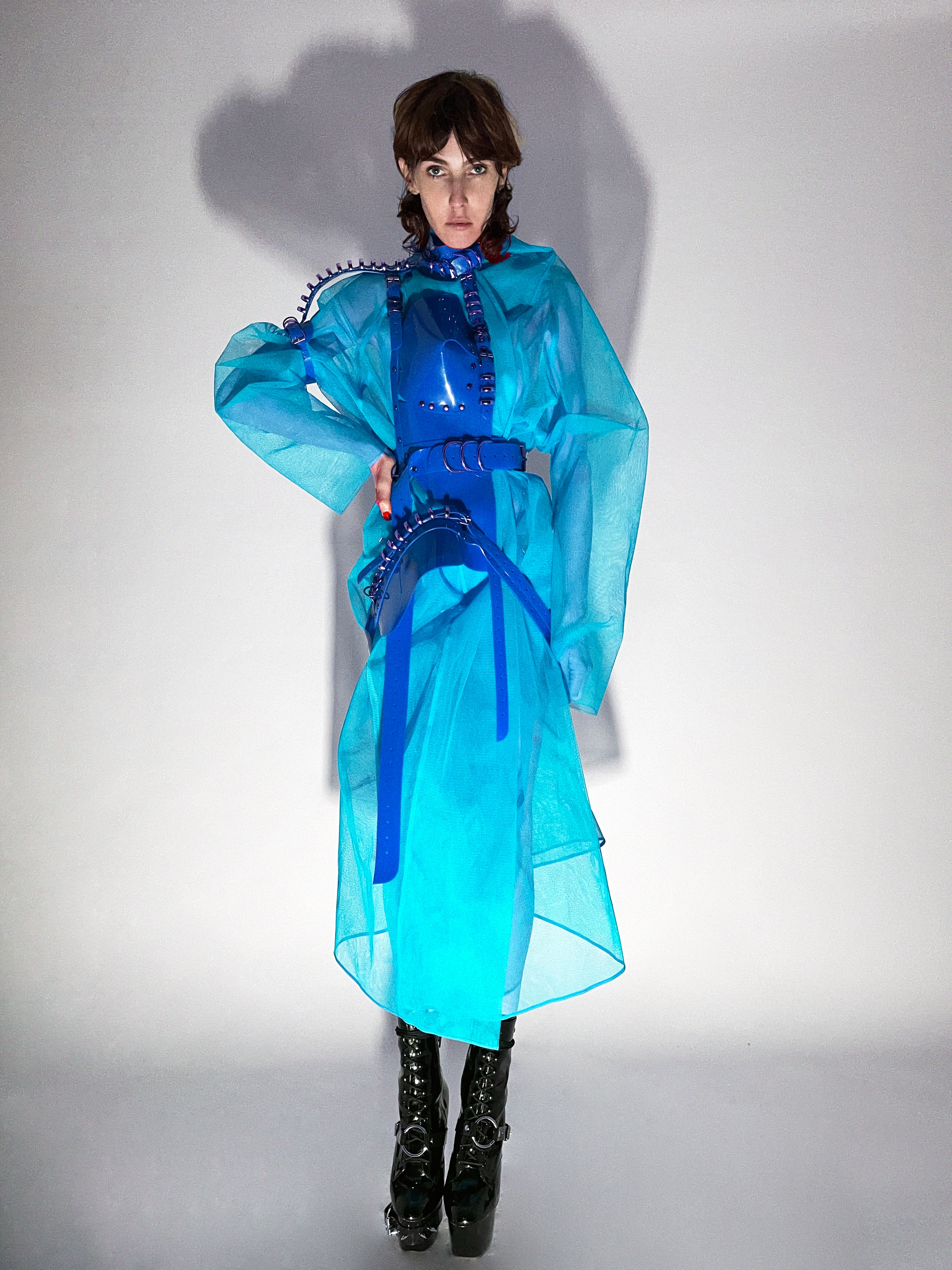 Jivomir Domoustchiev vegan vinyl hand crafted half body armour multi ring harness