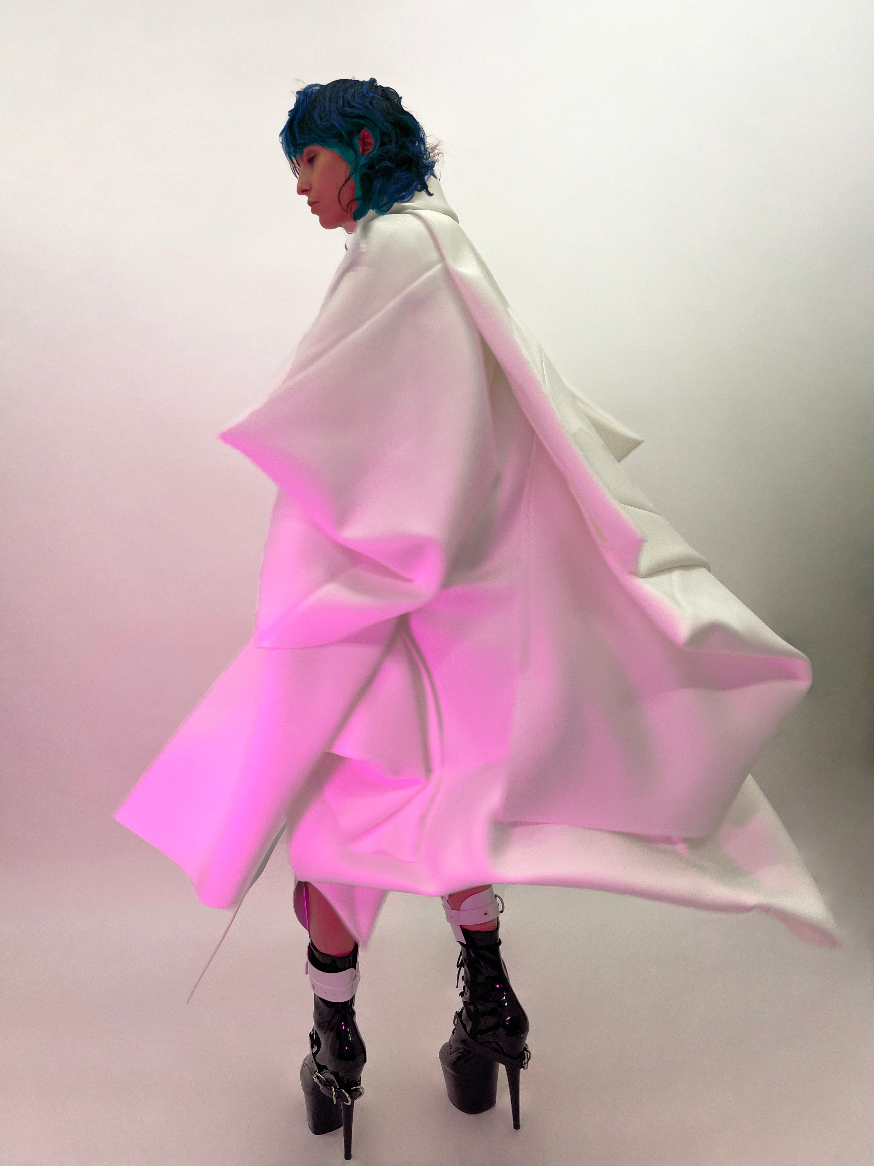 Jivomir Domoustchiev Waves Star coat. 'Onna Bugeisha' Collection. Beautyifully asymmetric.   An artistic expression. Crafted to order in raw edge neoprene and available in a verity of colours