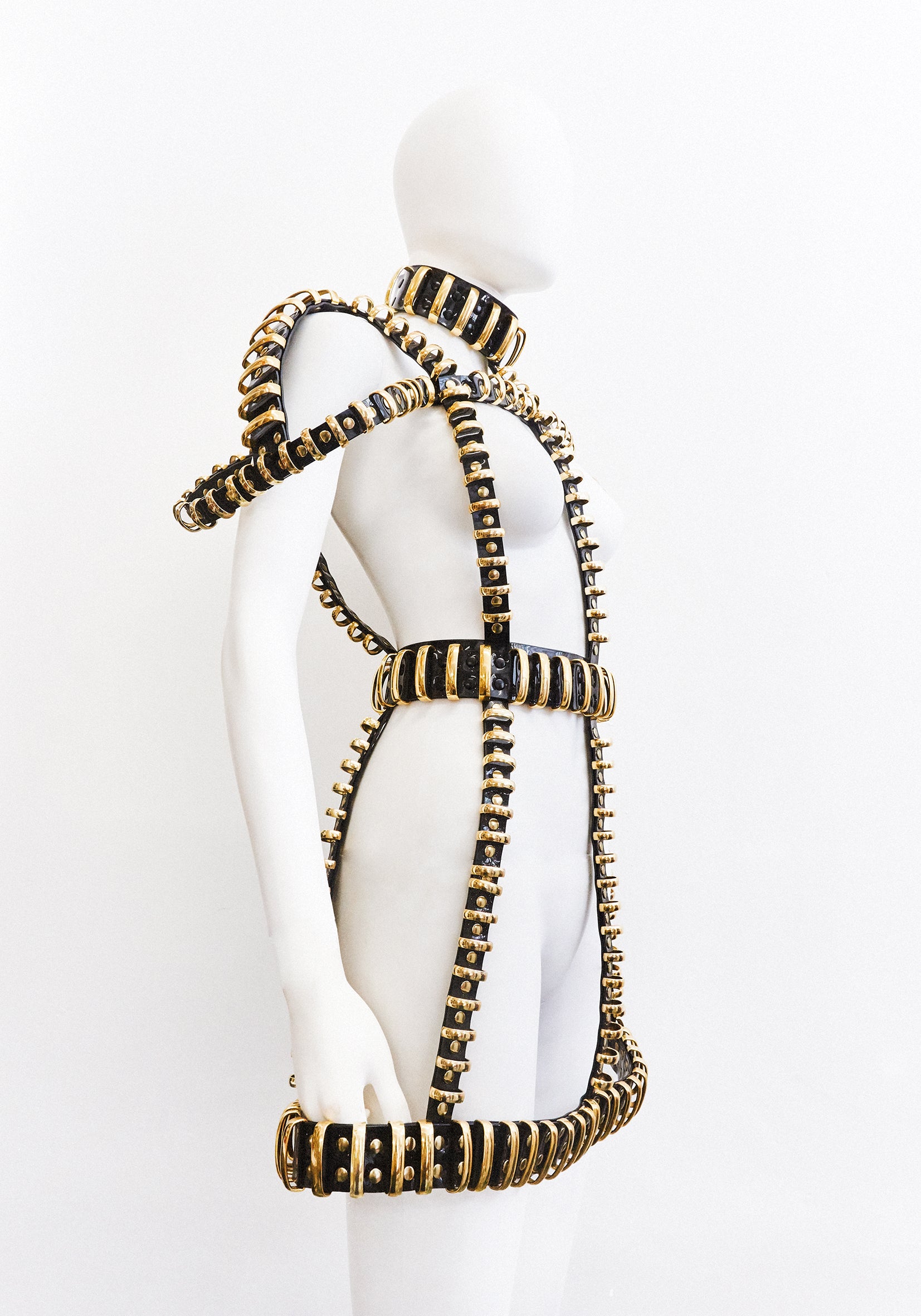 Jivomir Domoustchiev multi ring harness dress  gold tone