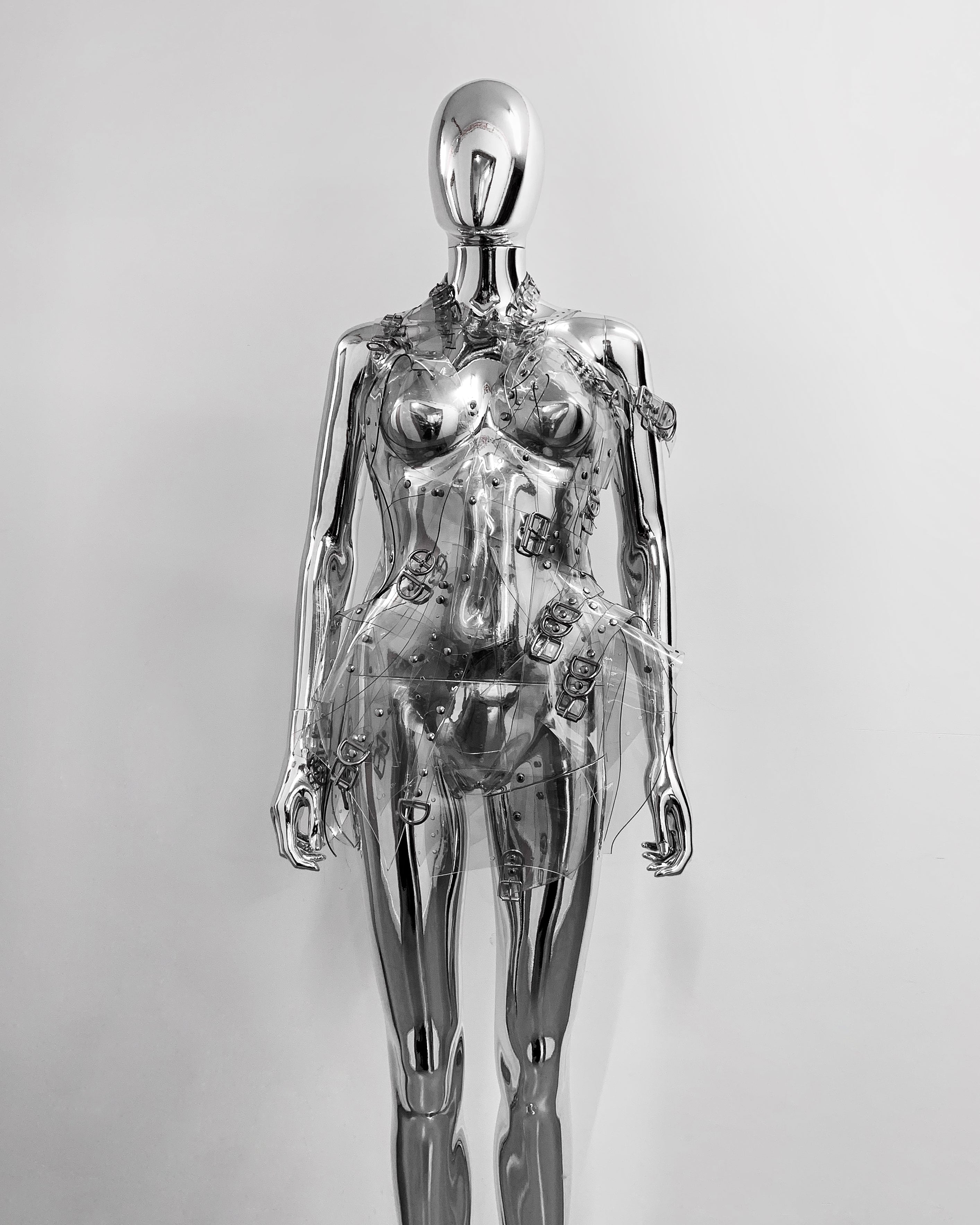 'Onna Bugeisha' collection Jivomir Domoustchiev Asymmetric Dreams Dress dress lovingly made to order in our east London atelier in vegan vinyl and available in a variety of stunning colours and studding details. An artist expression of excessive buckling and pure asymmetrical balance