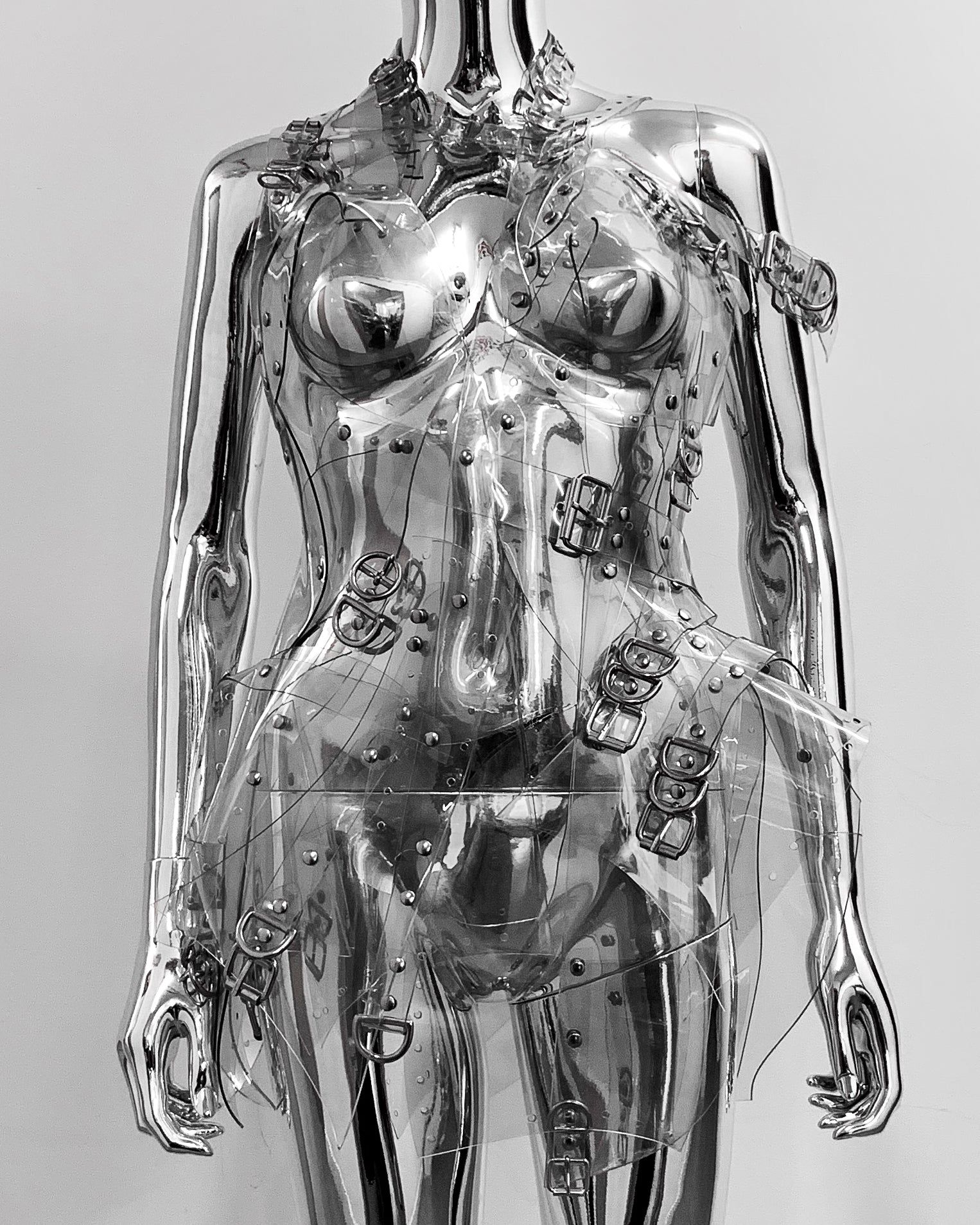 'Onna Bugeisha' collection Jivomir Domoustchiev Asymmetric Dreams Dress dress lovingly made to order in our east London atelier in vegan vinyl and available in a variety of stunning colours and studding details. An artist expression of excessive buckling and pure asymmetrical balance