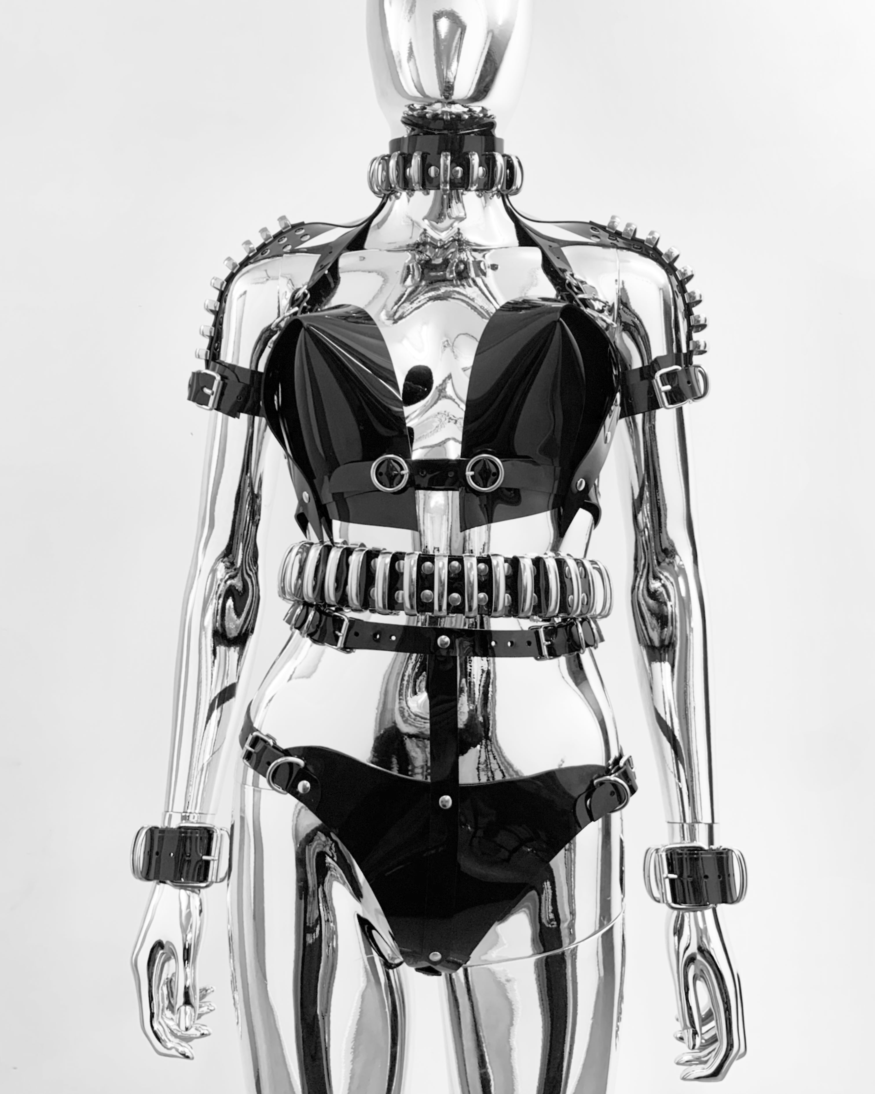 Jivomir Domoustchiev vegan vinyl sculpture fashion accessories hand crafted made in London kink avant garden future luxury mask bra thong belt gloves chocker transparent clear red black white blue orange