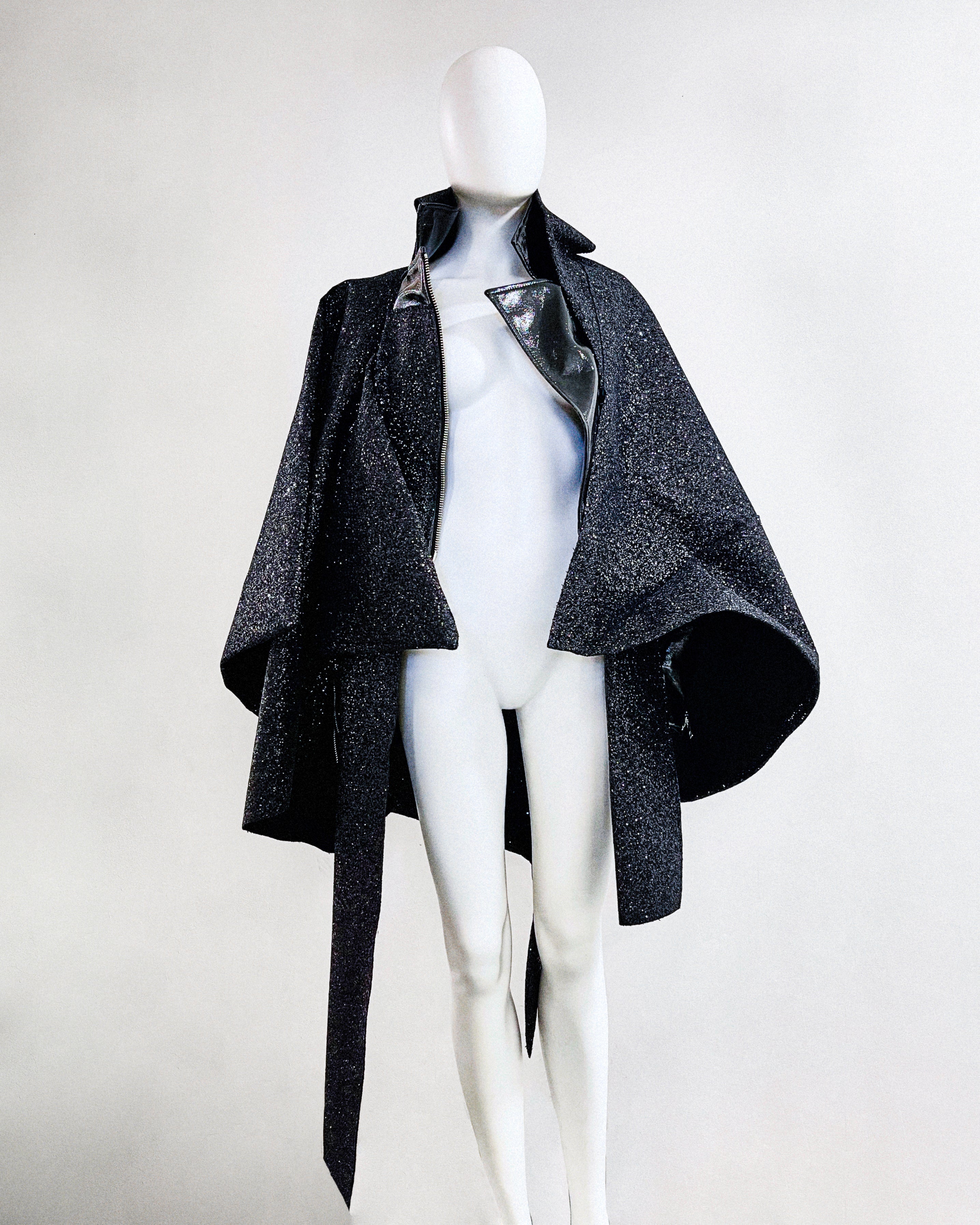 Jivomir Domoustchiev vegan vinyl pvc fashion wearable sculpture hand crafted to order only in East London Atelier independent luxury glitter coat jacket couture made to order custom