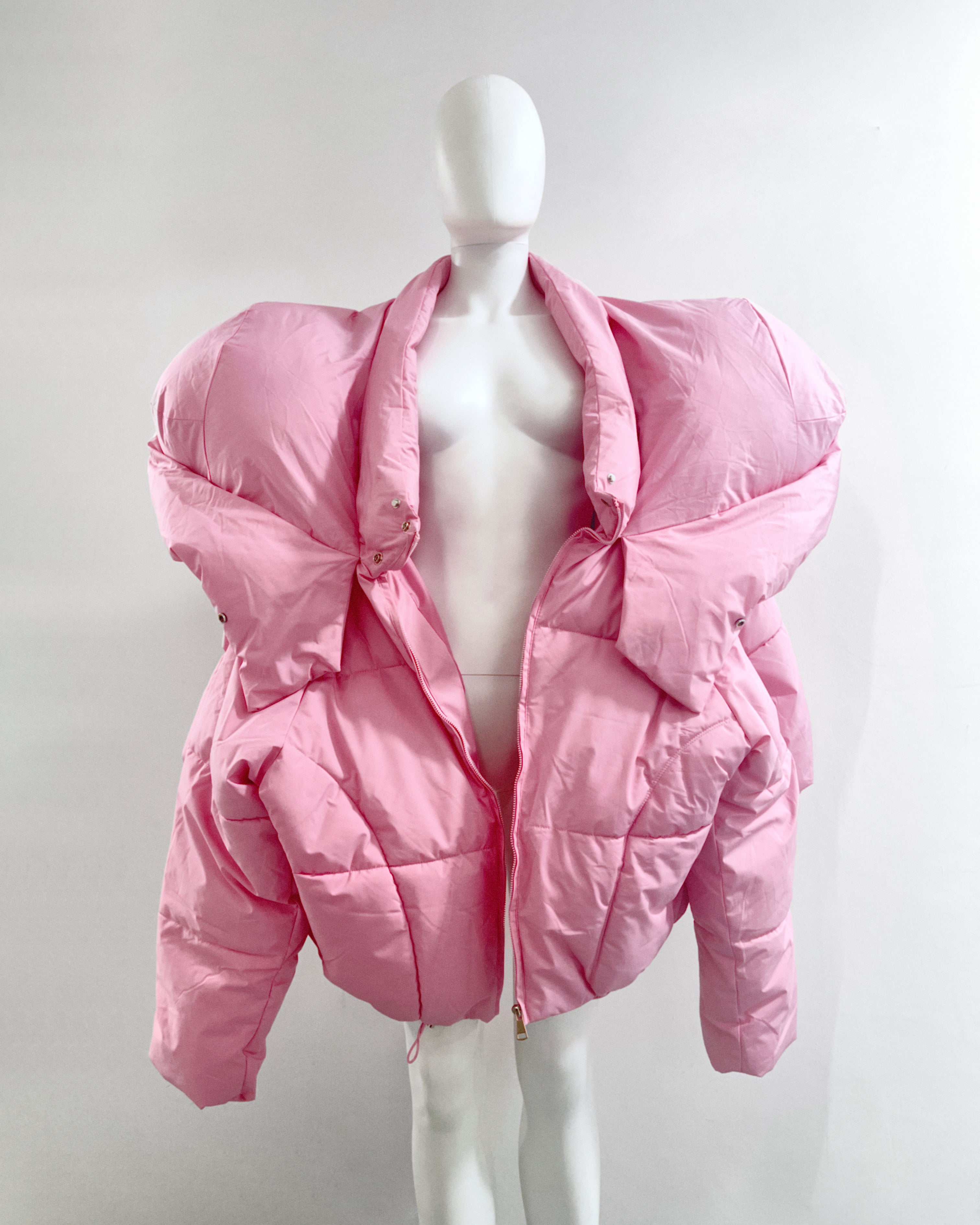 White Shoulder PUF Coat Jivomir Domoustchiev reimagined repurpose sculpture puffer jacket redesign limited edition drop custom made to order