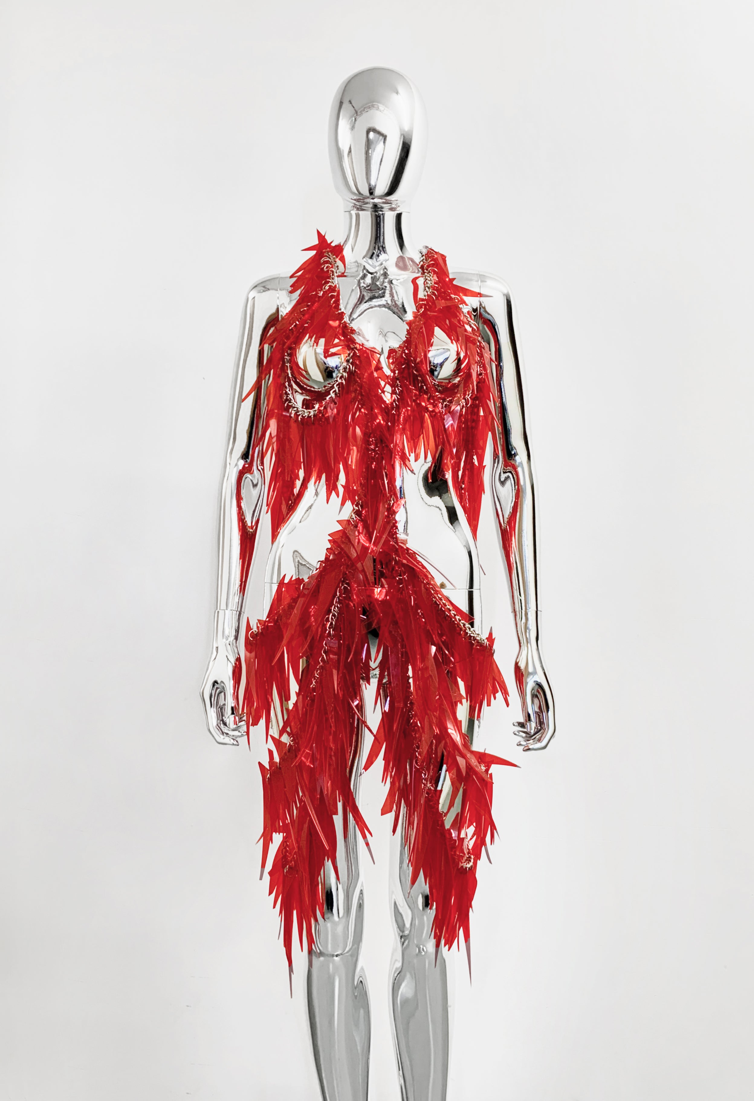 Jivomir Domoustchiev Tassel Chain Dress in off cuts vegan vinyl hand crafted to order in London