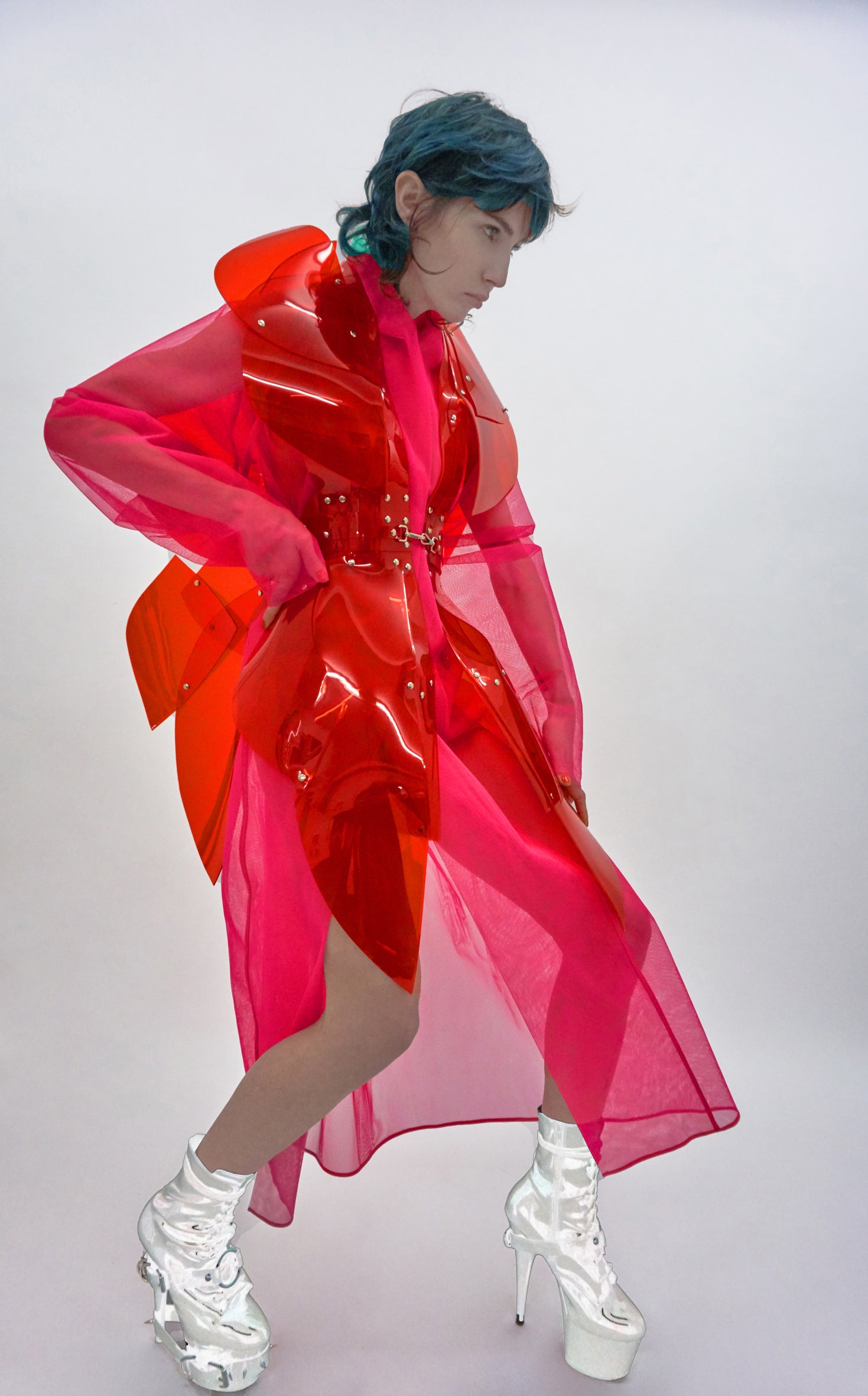 Jivomir Domoustchiev morphed transparent vegan vinyl pure Sculpture Galaxy coat. Beauty in symmetry artistic future expression