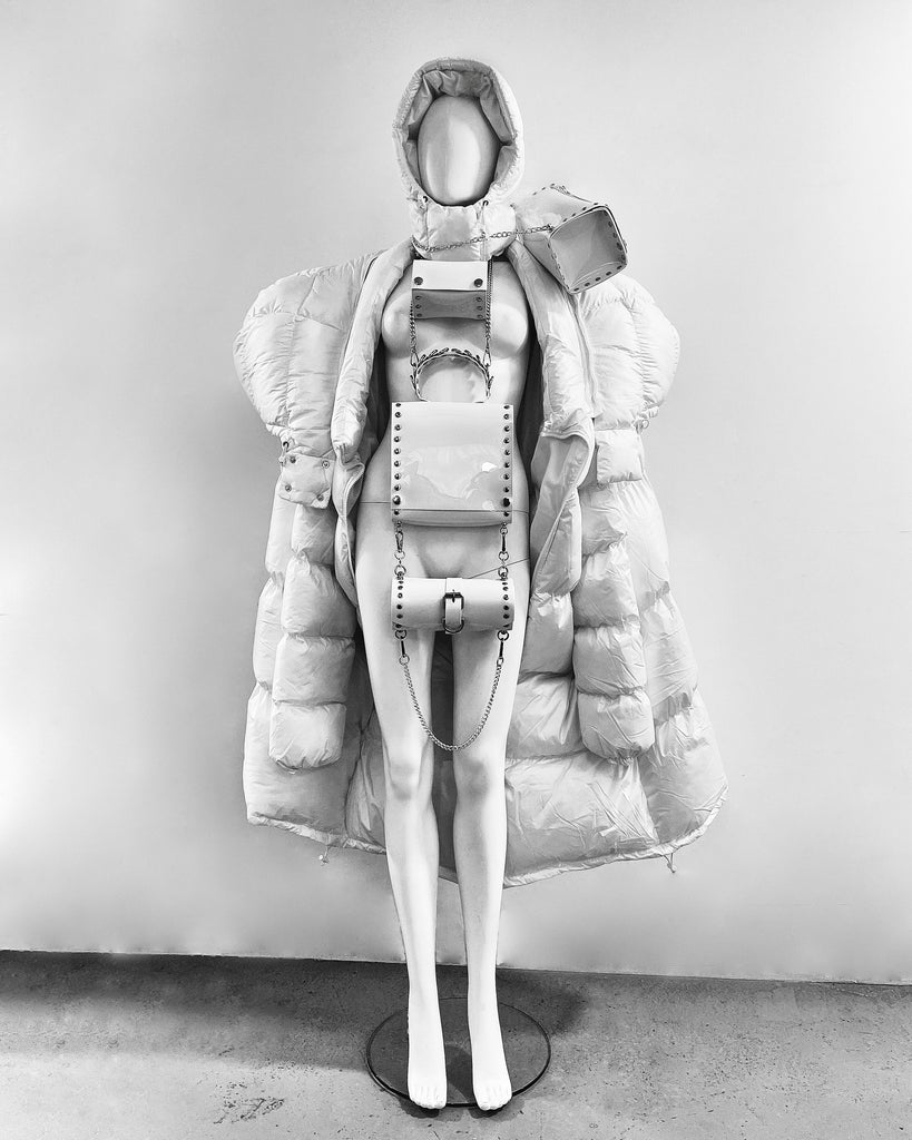 White Shoulder PUF Coat Jivomir Domoustchiev reimagined repurpose sculpture puffer jacket redesign limited edition drop custom made to order