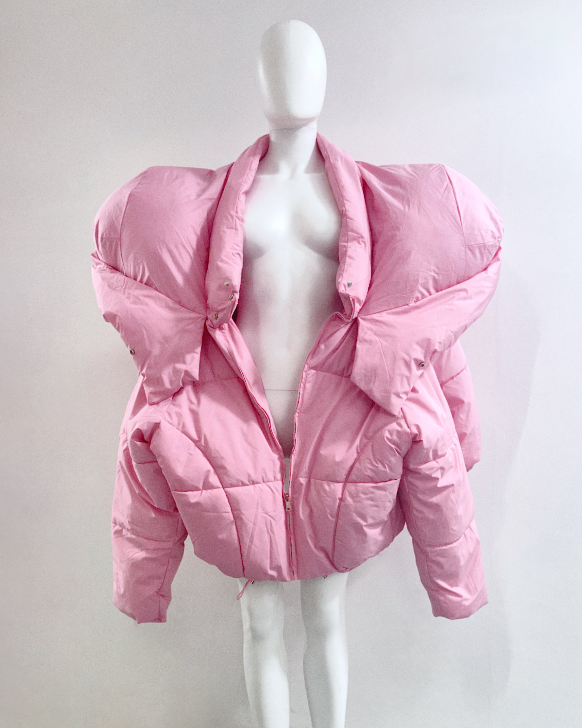 White Shoulder PUF Coat Jivomir Domoustchiev reimagined repurpose sculpture puffer jacket redesign limited edition drop custom made to order