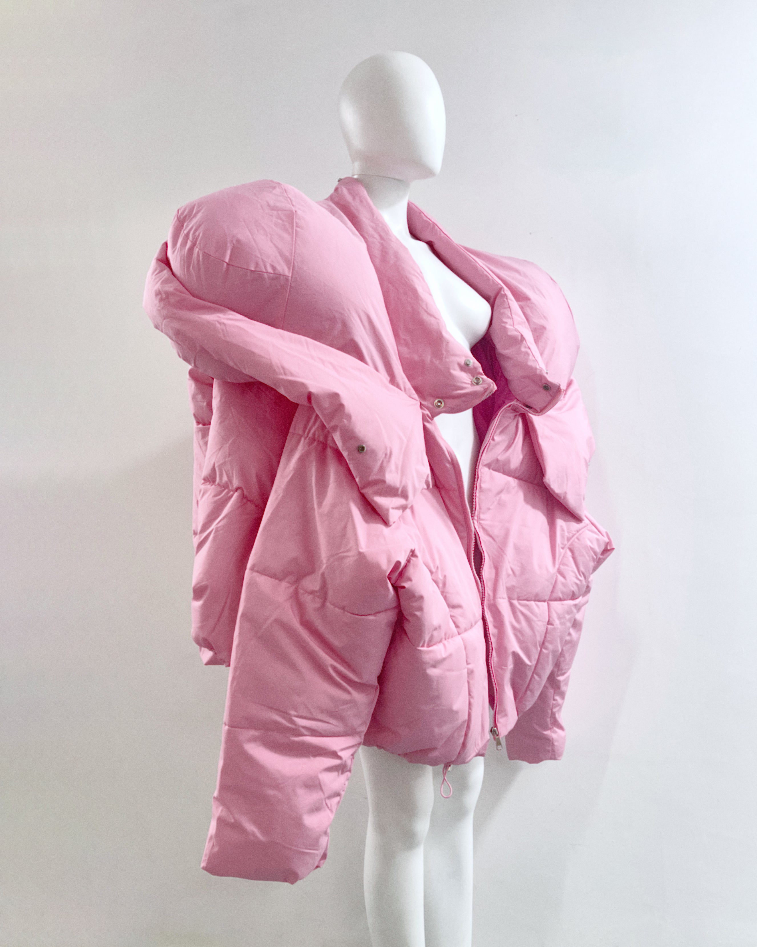 White Shoulder PUF Coat Jivomir Domoustchiev reimagined repurpose sculpture puffer jacket redesign limited edition drop custom made to order