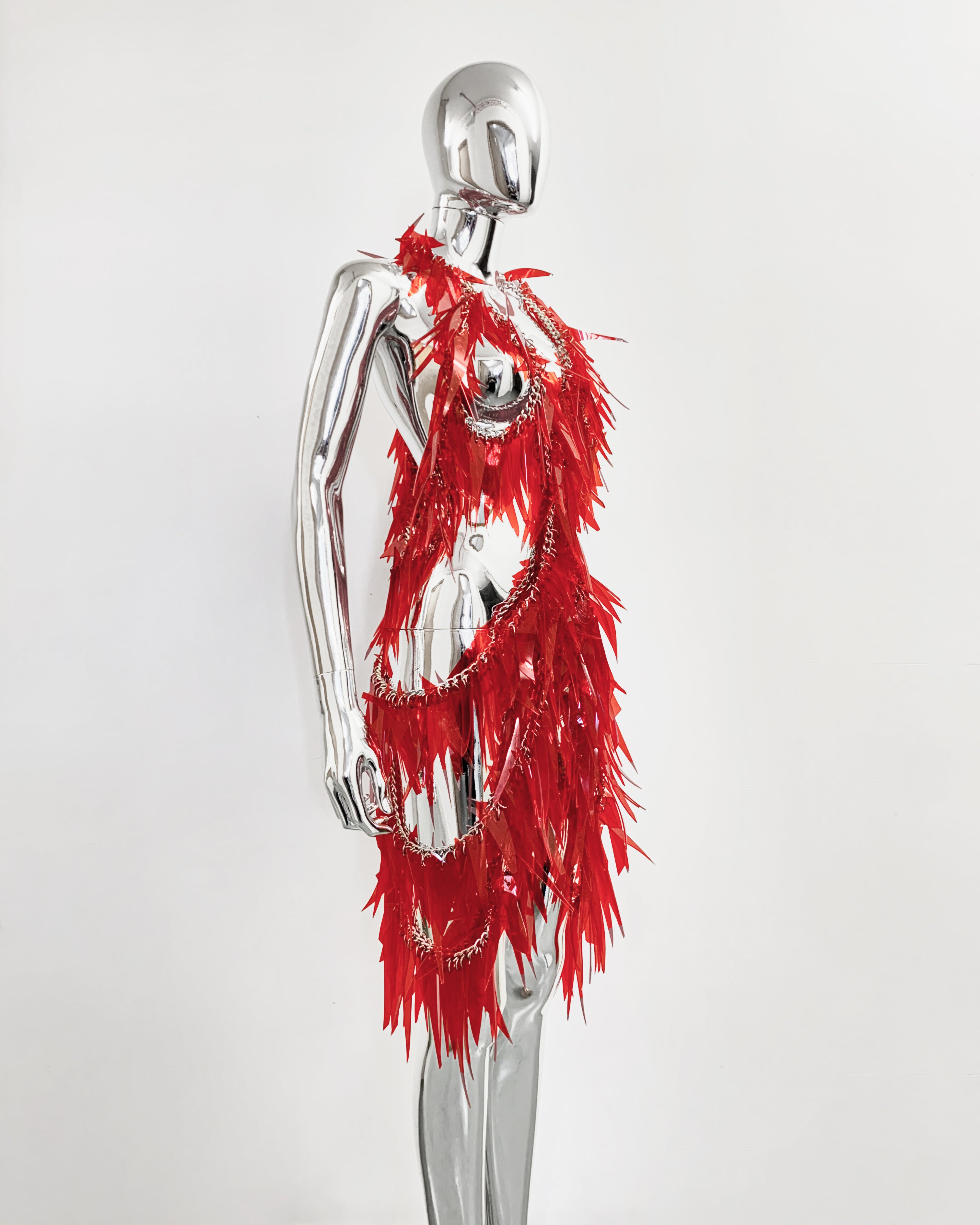 Jivomir Domoustchiev Tassel Chain Dress in off cuts vegan vinyl hand crafted to order in London