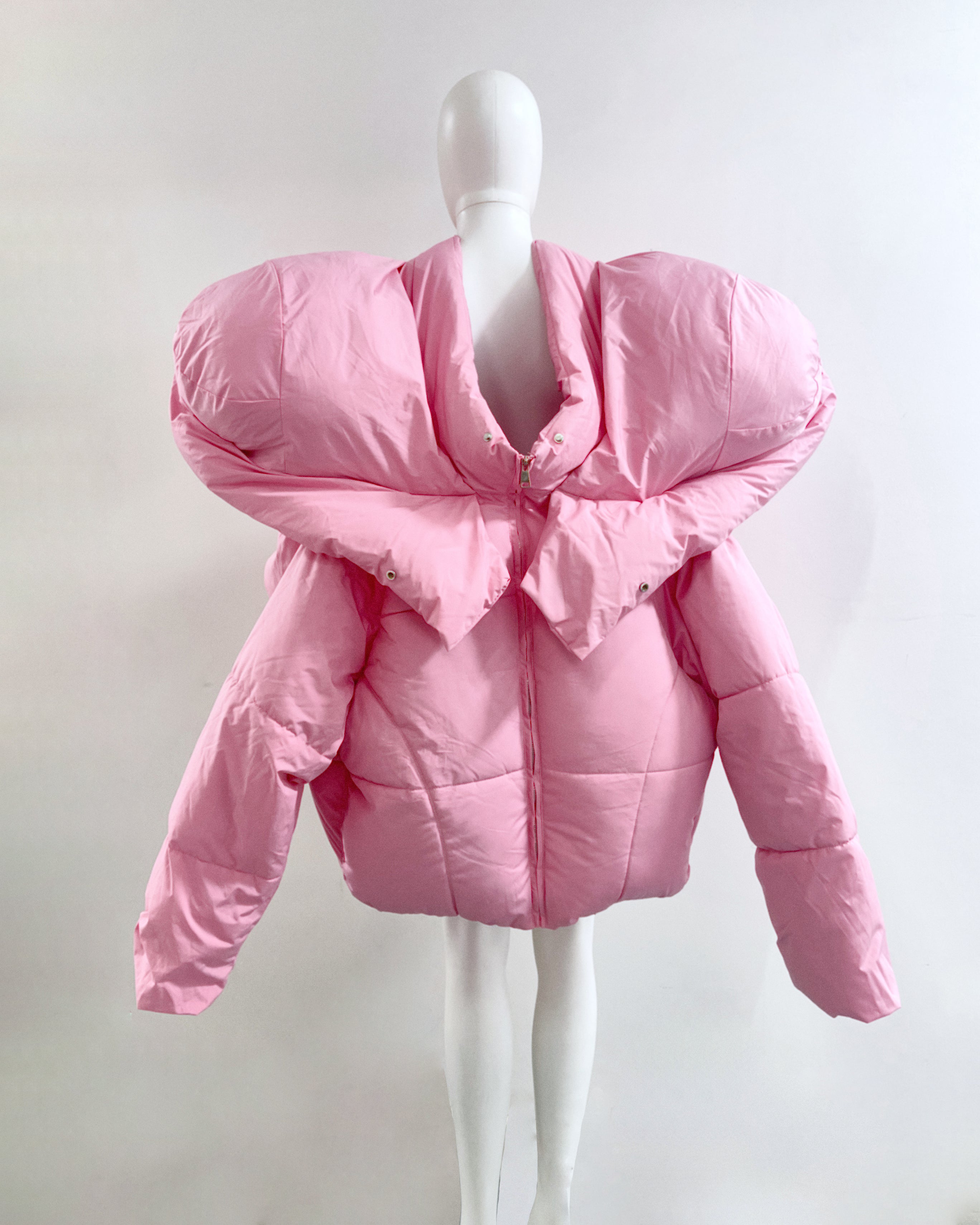 White Shoulder PUF Coat Jivomir Domoustchiev reimagined repurpose sculpture puffer jacket redesign limited edition drop custom made to order