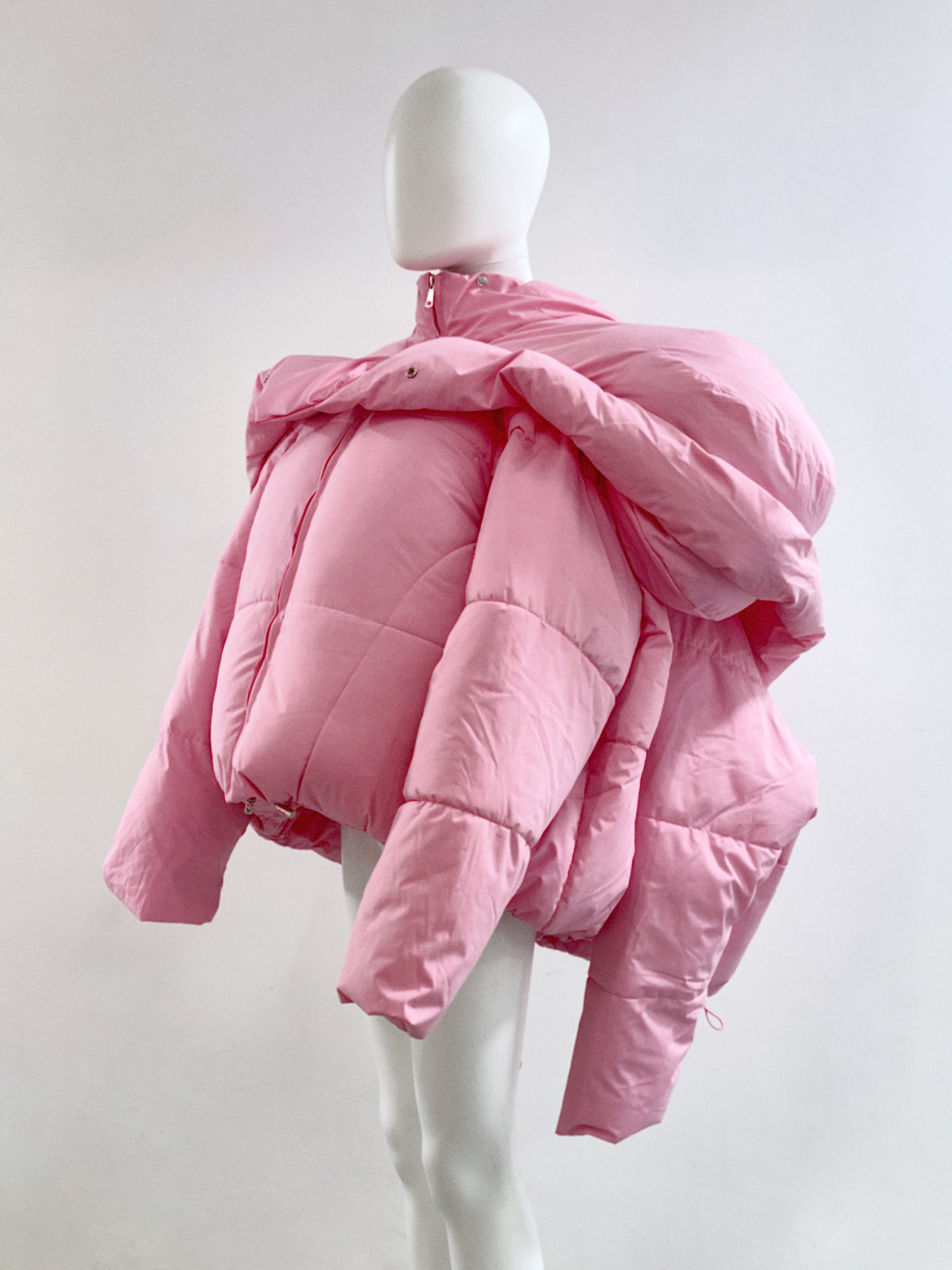 White Shoulder PUF Coat Jivomir Domoustchiev reimagined repurpose sculpture puffer jacket redesign limited edition drop custom made to order