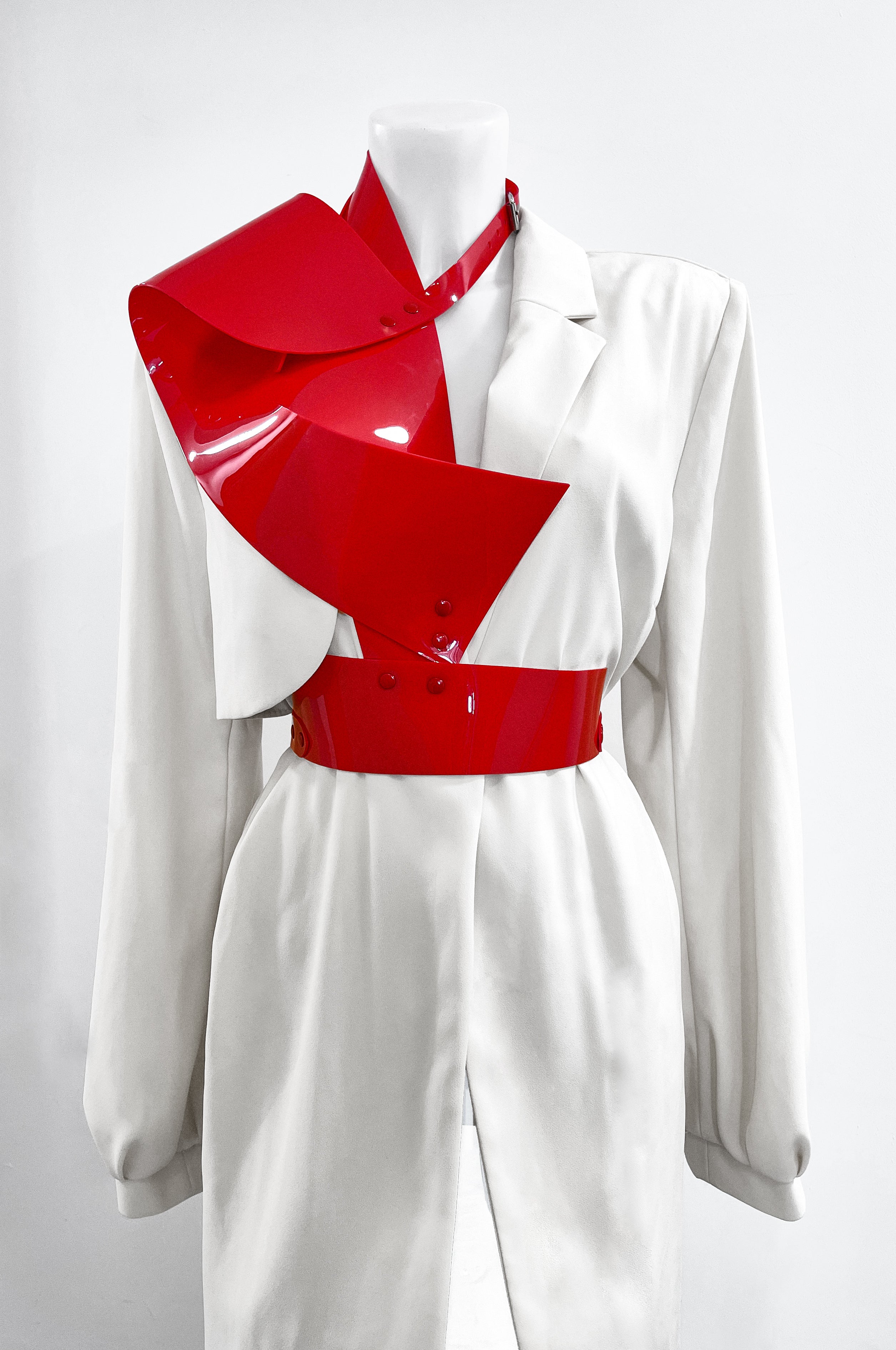 Jivomir Domoustchiev vinyl sculpture half harness belt blackJivomir Domoustchiev vegan vinyl transparent hand body harness kink fetish cosplay future robot